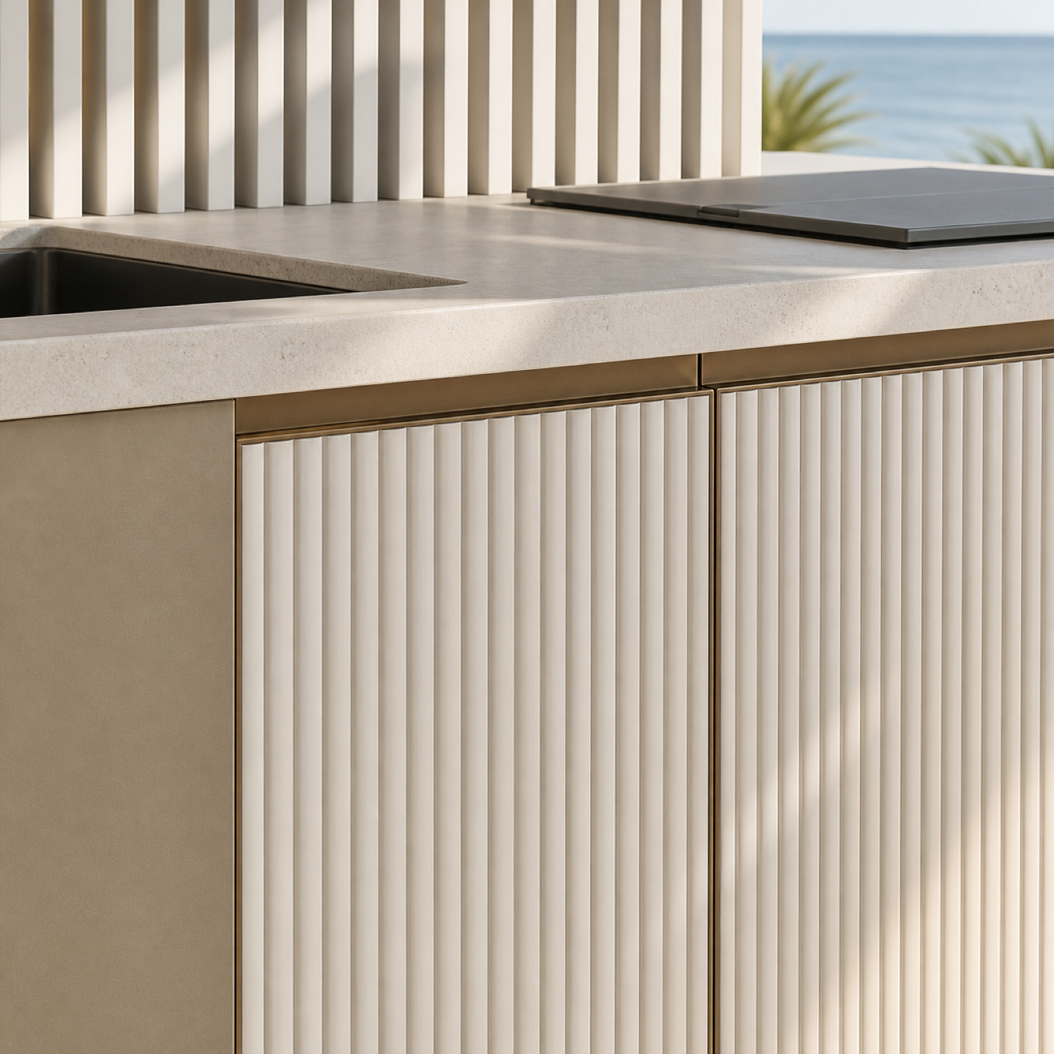 Fadior Horizon Outdoor Kitchen Suite with Coastal Panel Screen Prep Wall — close-up of stainless steel finish and hardware