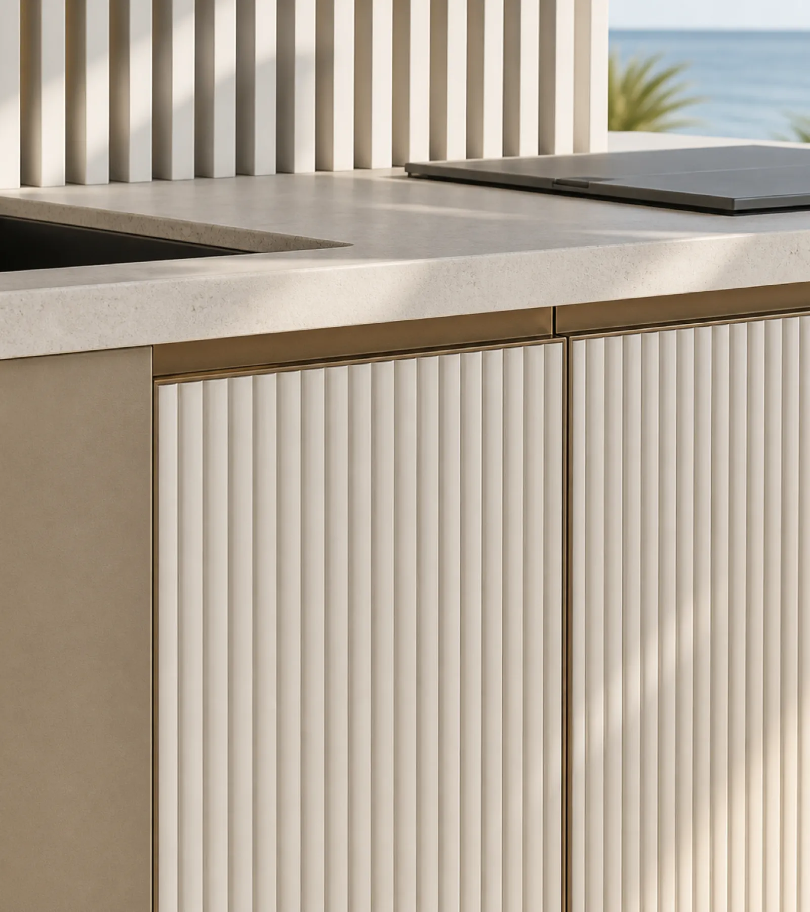 Suite de cocina exterior Horizon con panel de pantalla costera y muro de preparación acabado y detalle