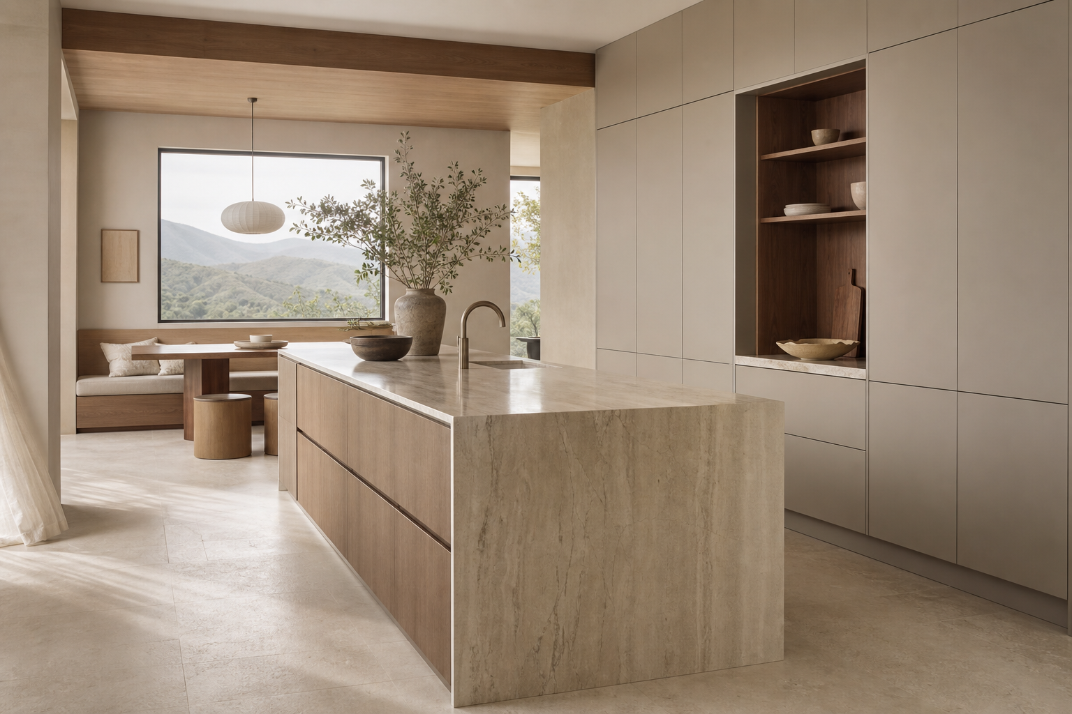 Warm neutral villa kitchen with tall cabinet wall, stone island, breakfast nook, and soft morning hills. — 304 stainless steel cabinetry editorial by Fadior