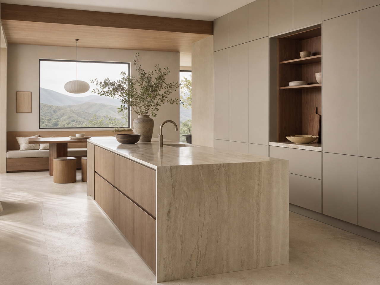 Warm neutral villa kitchen with tall cabinet wall, stone island, breakfast nook, and soft morning hills. — 304 stainless steel cabinetry editorial by Fadior