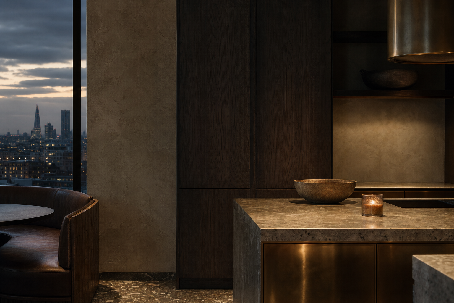 Fadior London 200 sqm Kitchen Bath Penthouse — cabinet plane, plaster wall, stone counter, city window, leather banquette