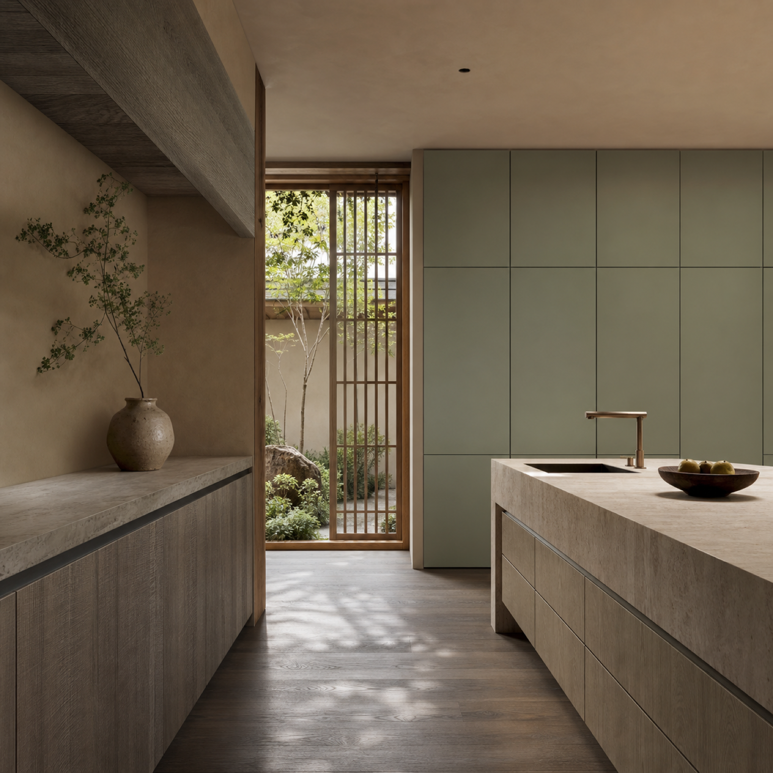 Fadior Forge Kitchen Suite with Pale Sage Chef Wall — interior room context showing cabinet integration