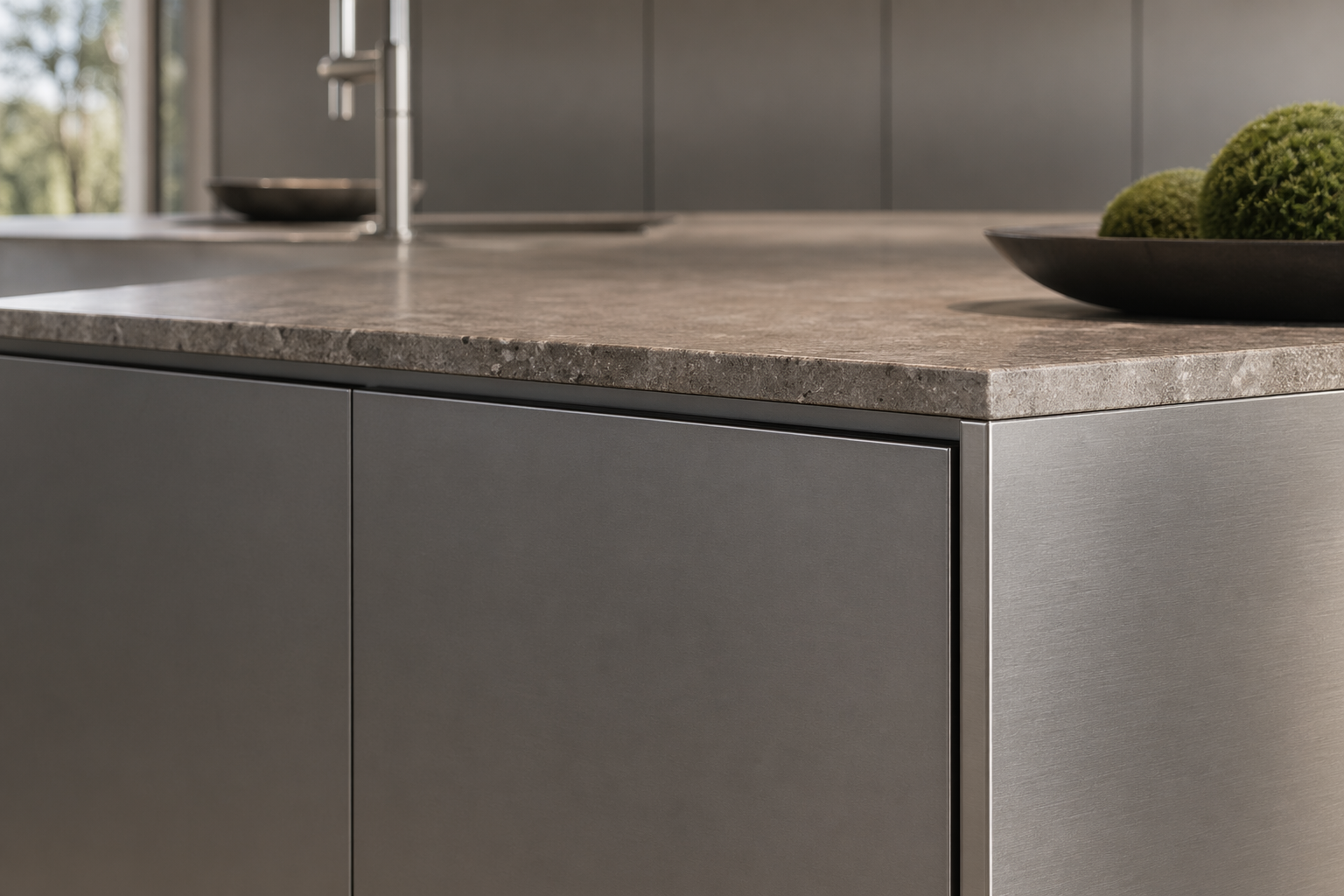 Fadior Abyss Kitchen Suite with L-Shape Dual Island — close-up of stainless steel finish and hardware detail