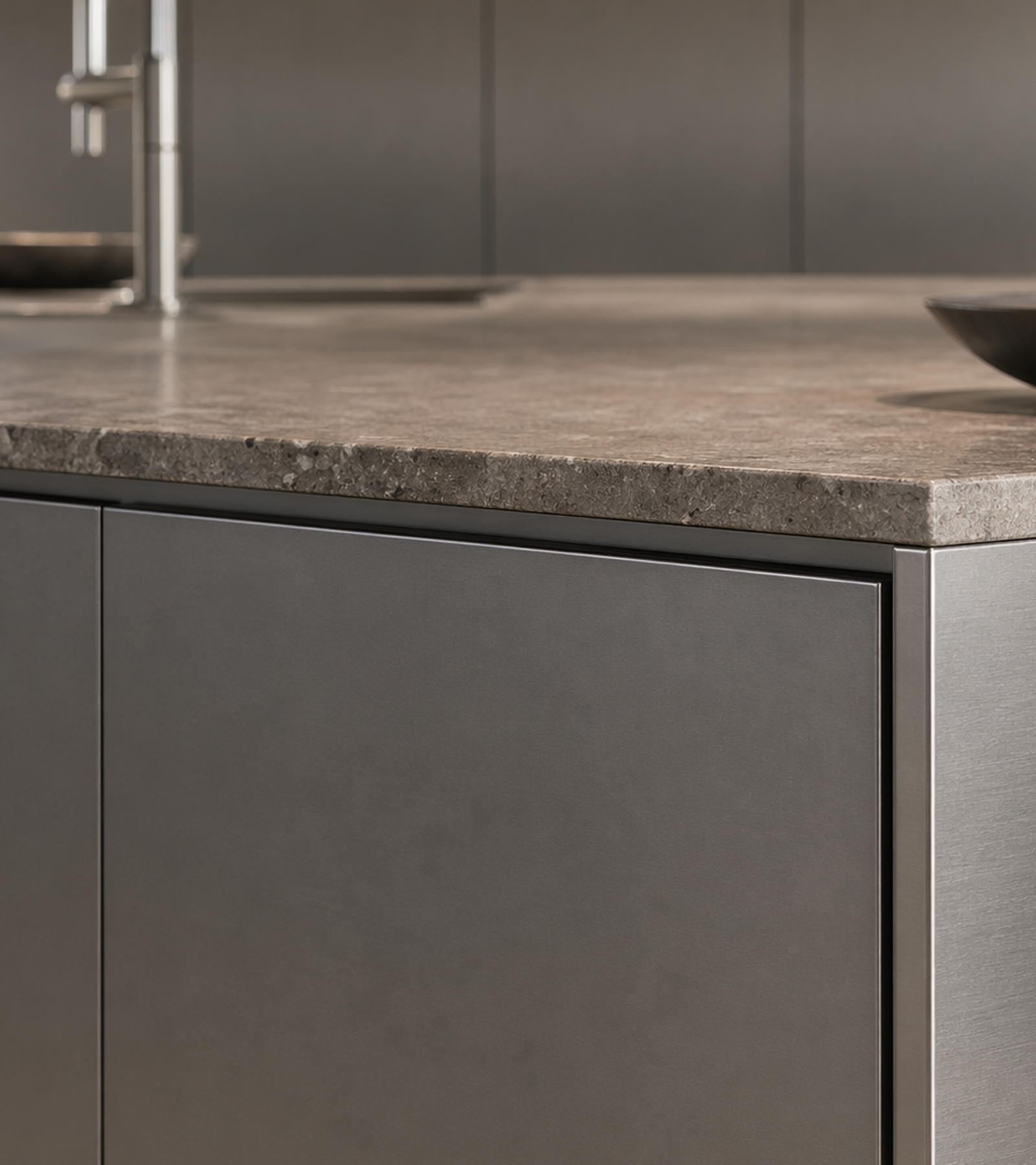 Fadior Abyss Kitchen Suite with L-Shape Dual Island — close-up of stainless steel finish and hardware detail