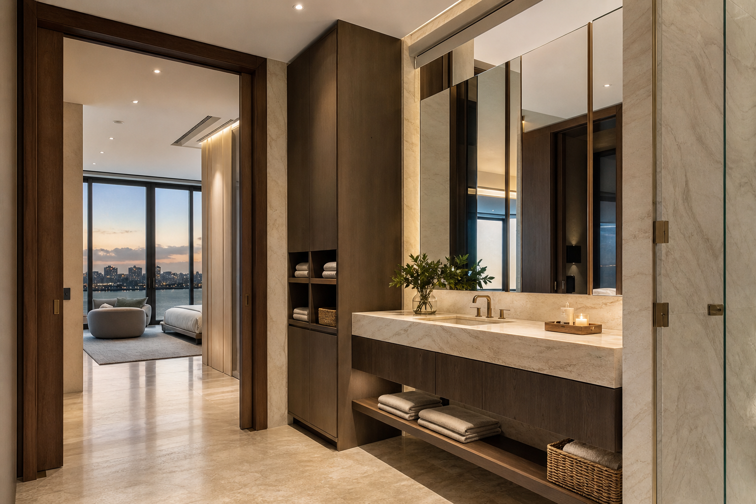 Fadior Miami 120 sqm Kitchen Apartment — Miami bath vanity with cabinet, stone counter, mirror, travertine wall, walnut door, and glass partition