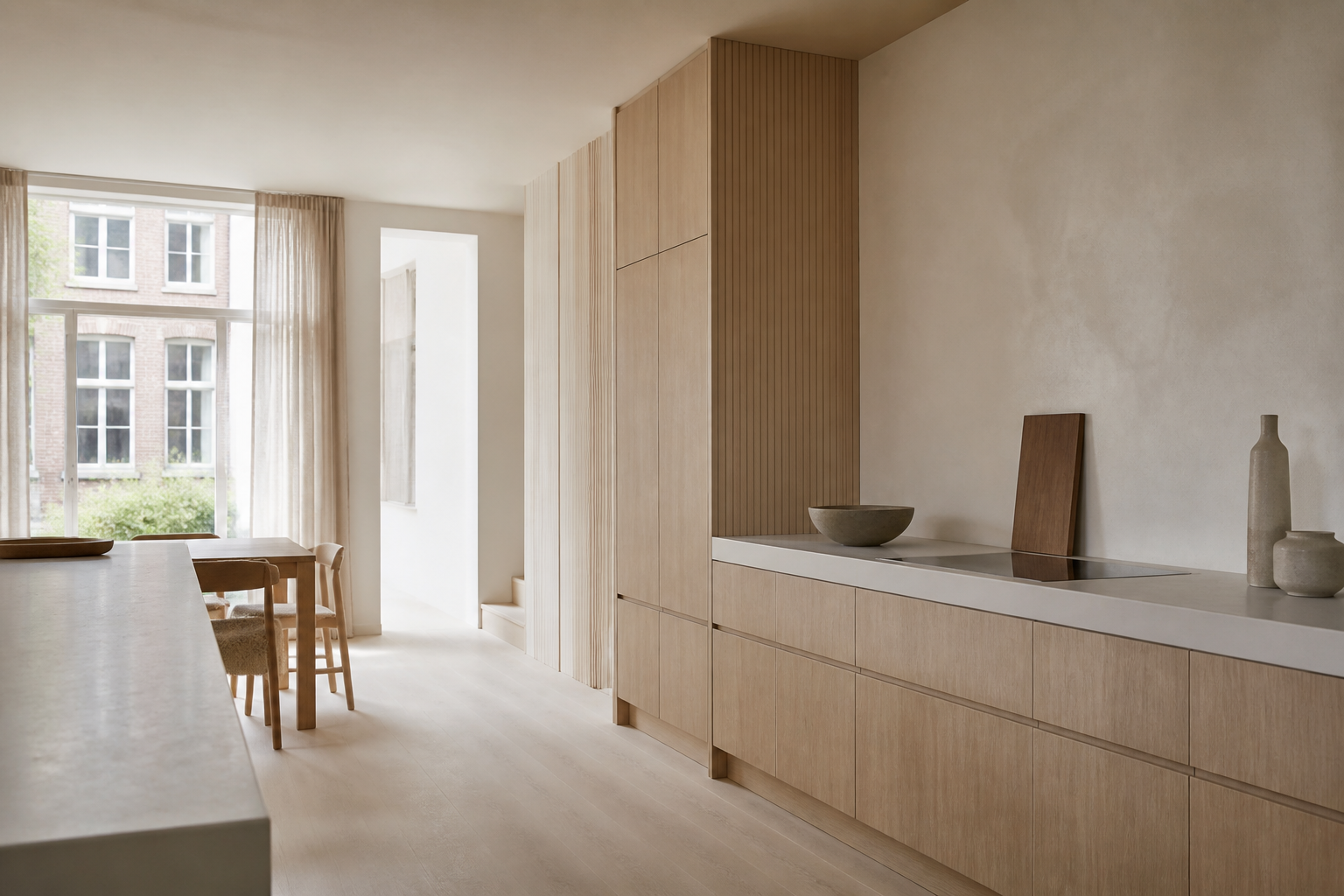 Fadior Amsterdam 450 sqm Kitchen Bath Villa — A room-scale kitchen finish view shows ash wall panels, pale counter,