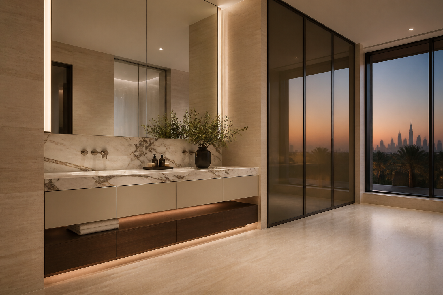 Fadior Dubai 290 sqm Kitchen Villa — vanity cabinet, marble wall, tinted glass, limestone floor