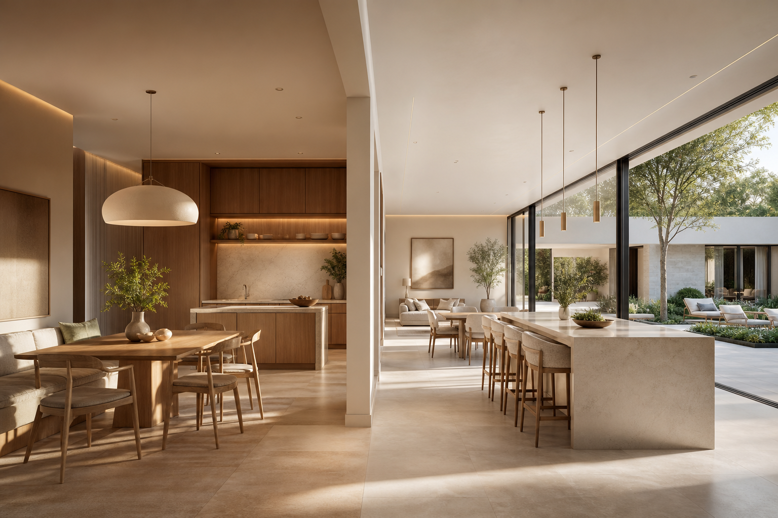Open-plan villa kitchen showing family dining and courtyard entertaining zones in one calm interior.