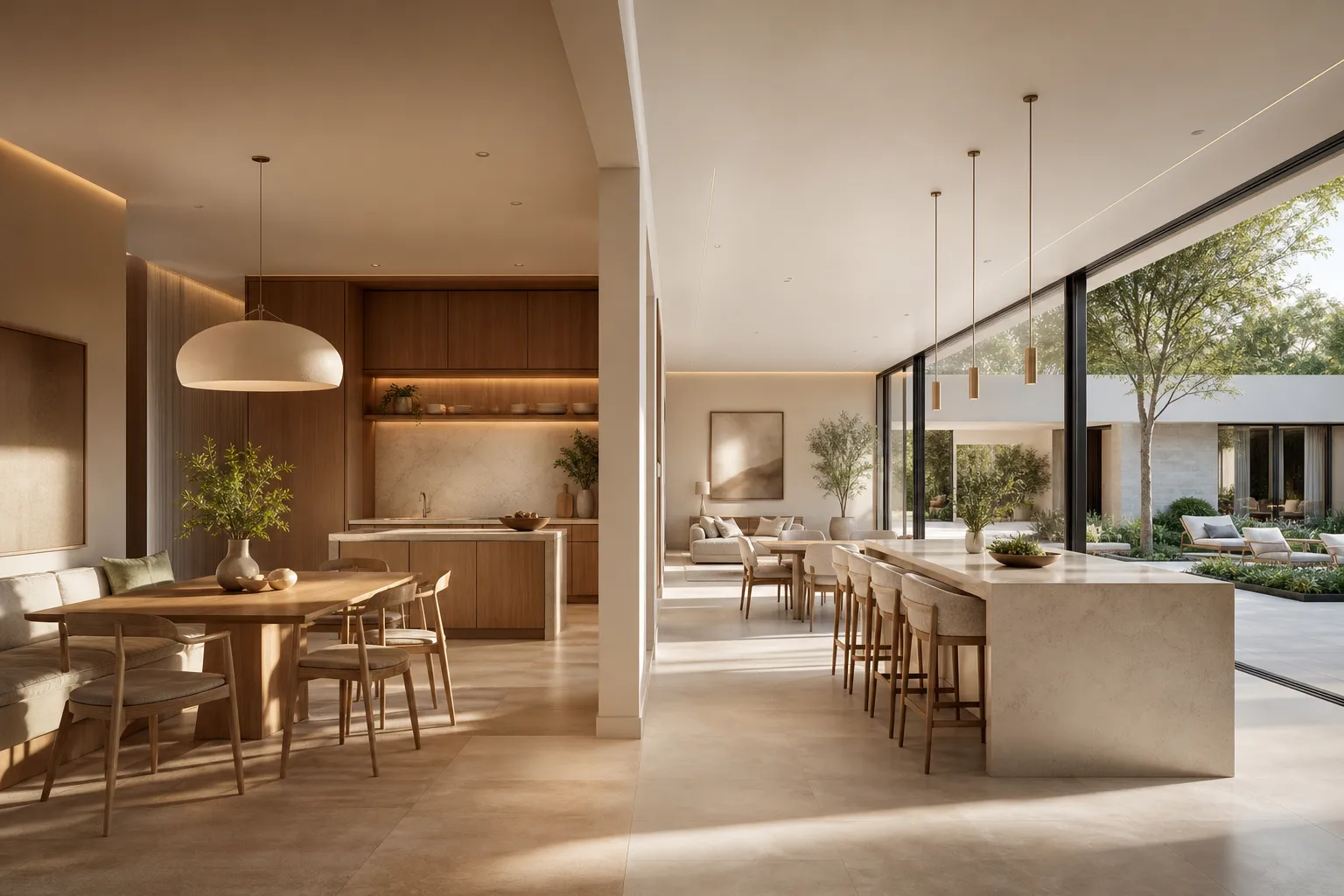 Open-plan villa kitchen showing family dining and courtyard entertaining zones in one calm interior.