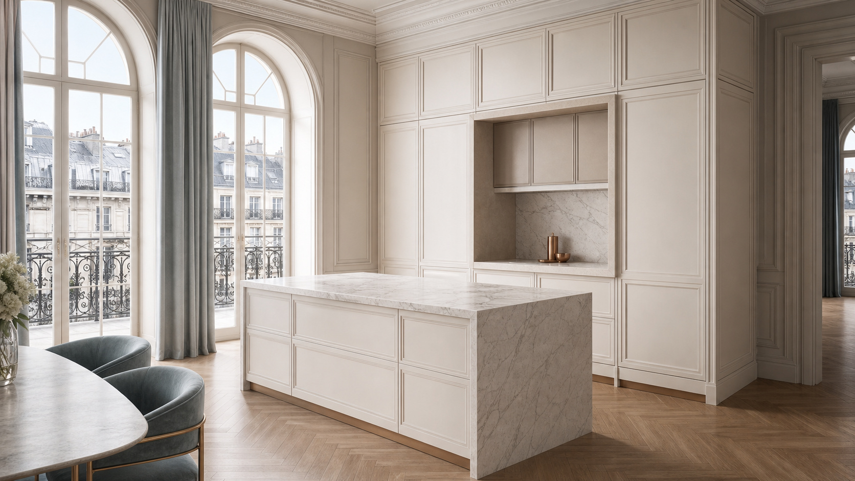 Fadior Silkstone Kitchen Suite with Limestone Dish Pass Window — lifestyle setting with natural light and residential styling