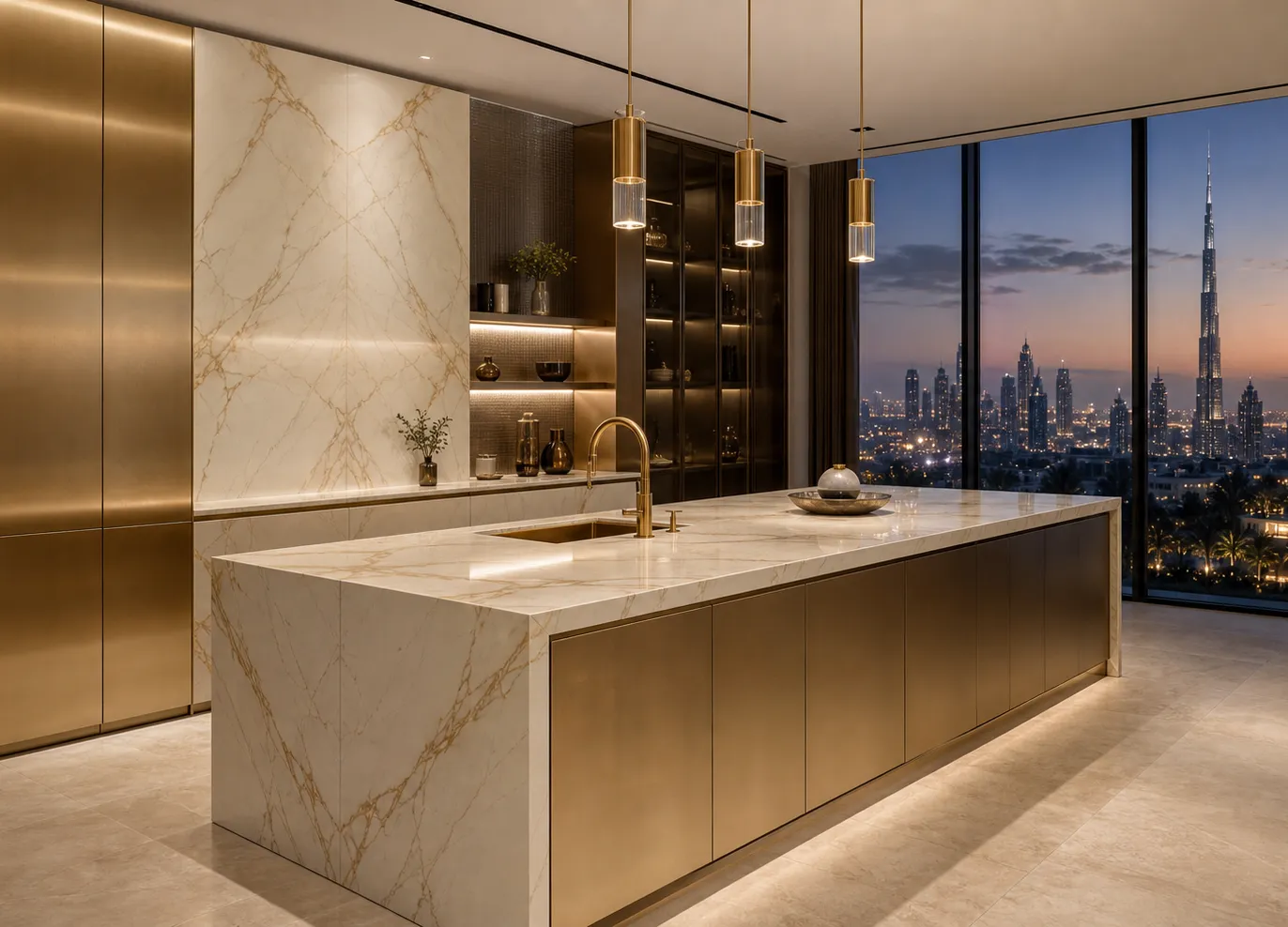 Fadior Pavilion Champagne Marble Island Kitchen — 304 stainless steel kitchen system, front view