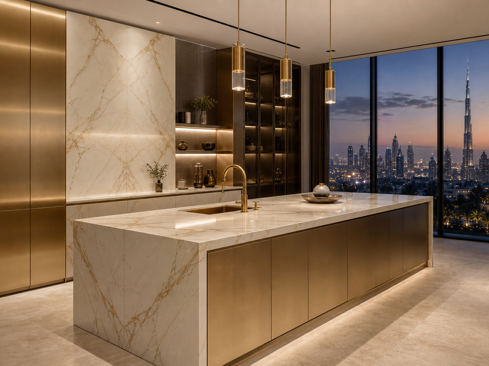 Fadior Pavilion Champagne Marble Island Kitchen — 304 stainless steel kitchen system, front view