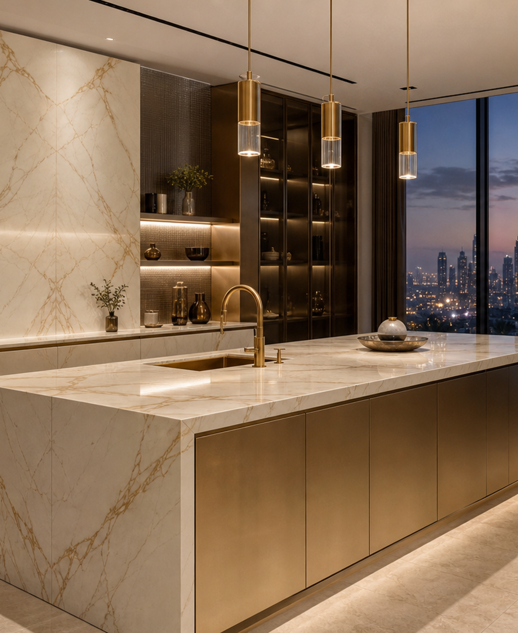 Fadior Pavilion Champagne Marble Island Kitchen — 304 stainless steel kitchen system, front view