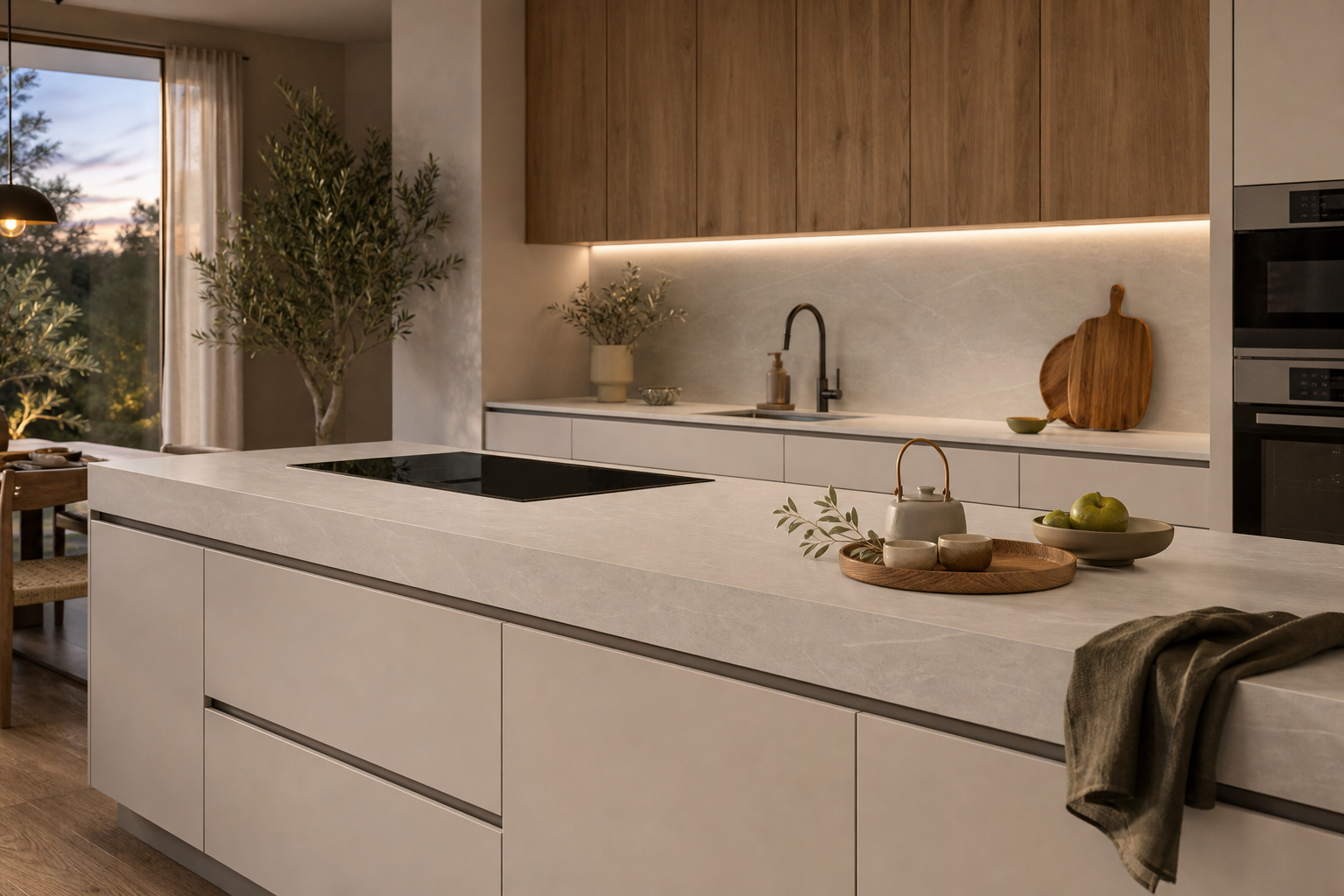 Lifestyle kitchen scene showing a clean sintered stone island after use.