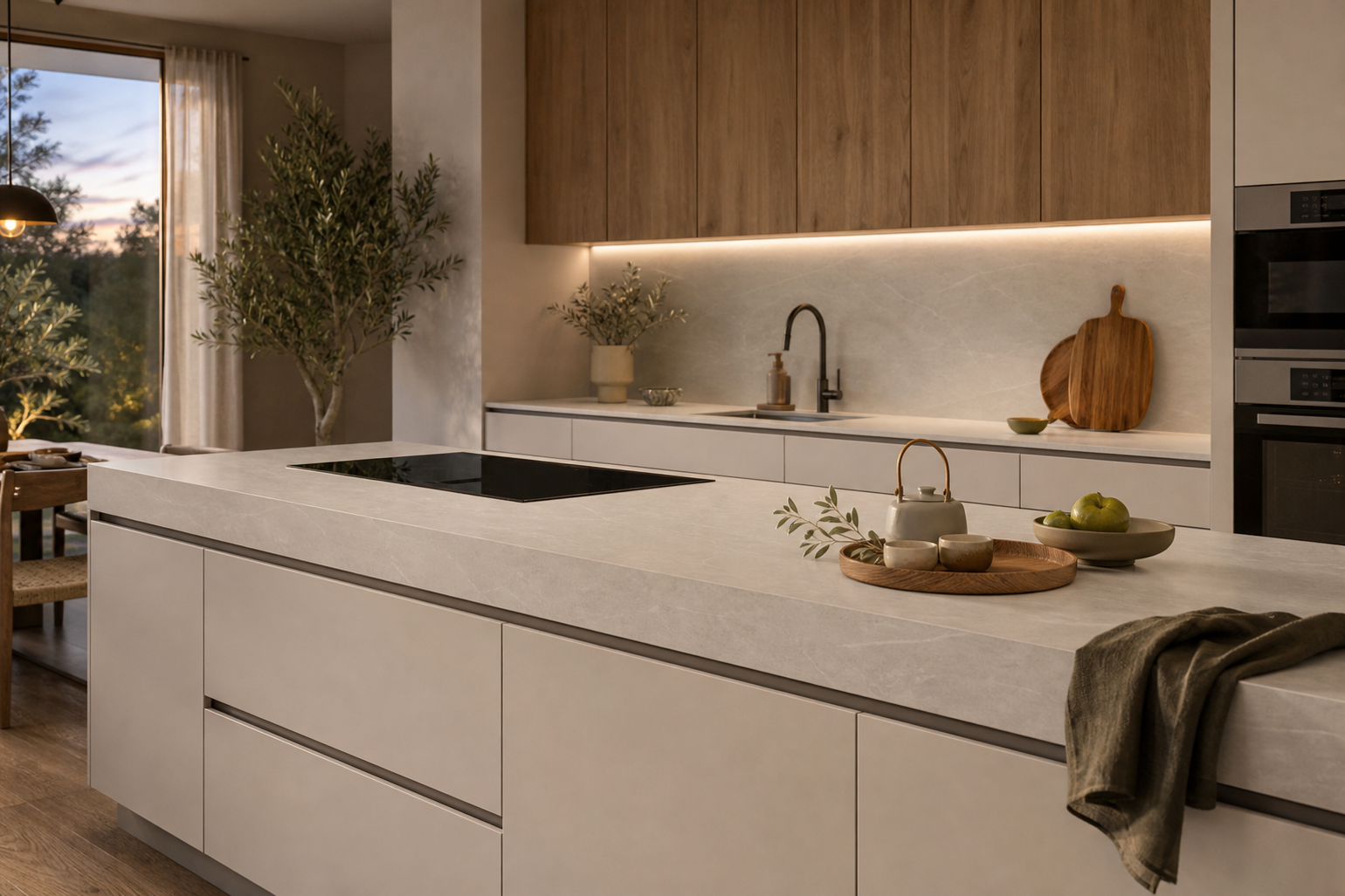 Lifestyle kitchen scene showing a clean sintered stone island after use.