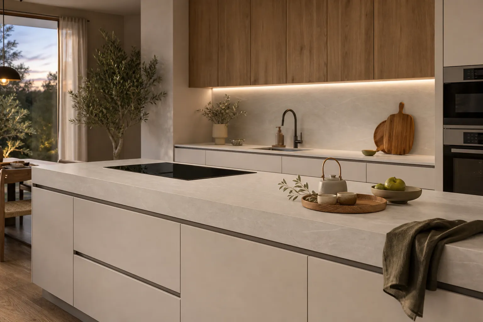 Lifestyle kitchen scene showing a clean sintered stone island after use.