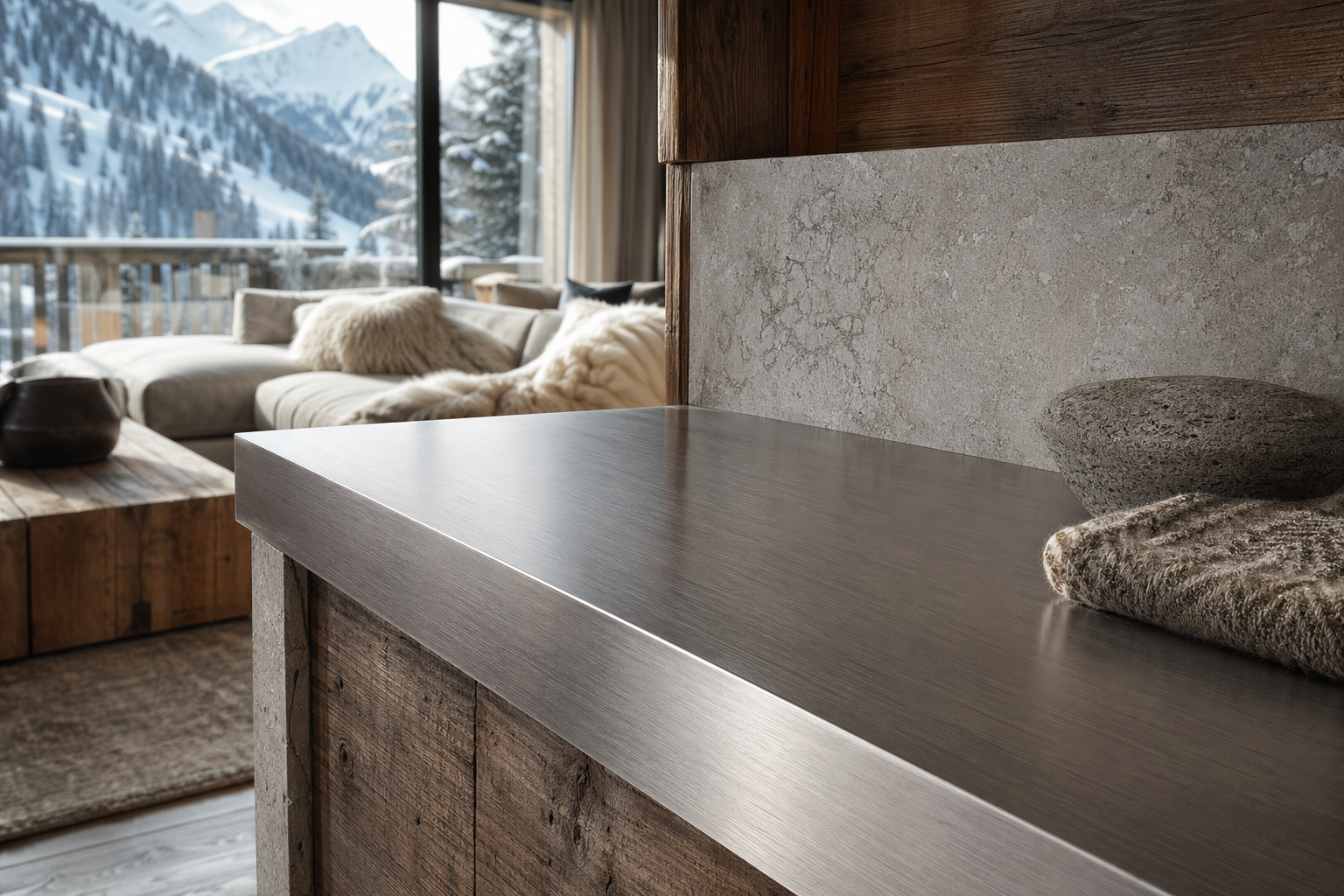 Fadior Swiss Alpine Lodge — material mood with stainless steel tones and architectural light