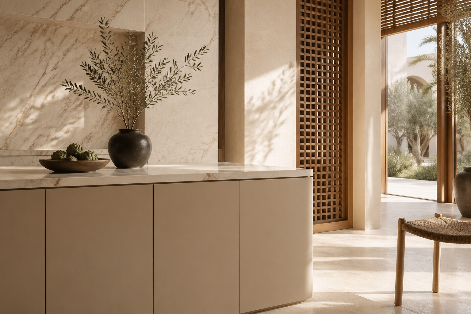Fadior Dubai Garden Courtyard Villa — cabinet front, marble counter, timber screen, courtyard window