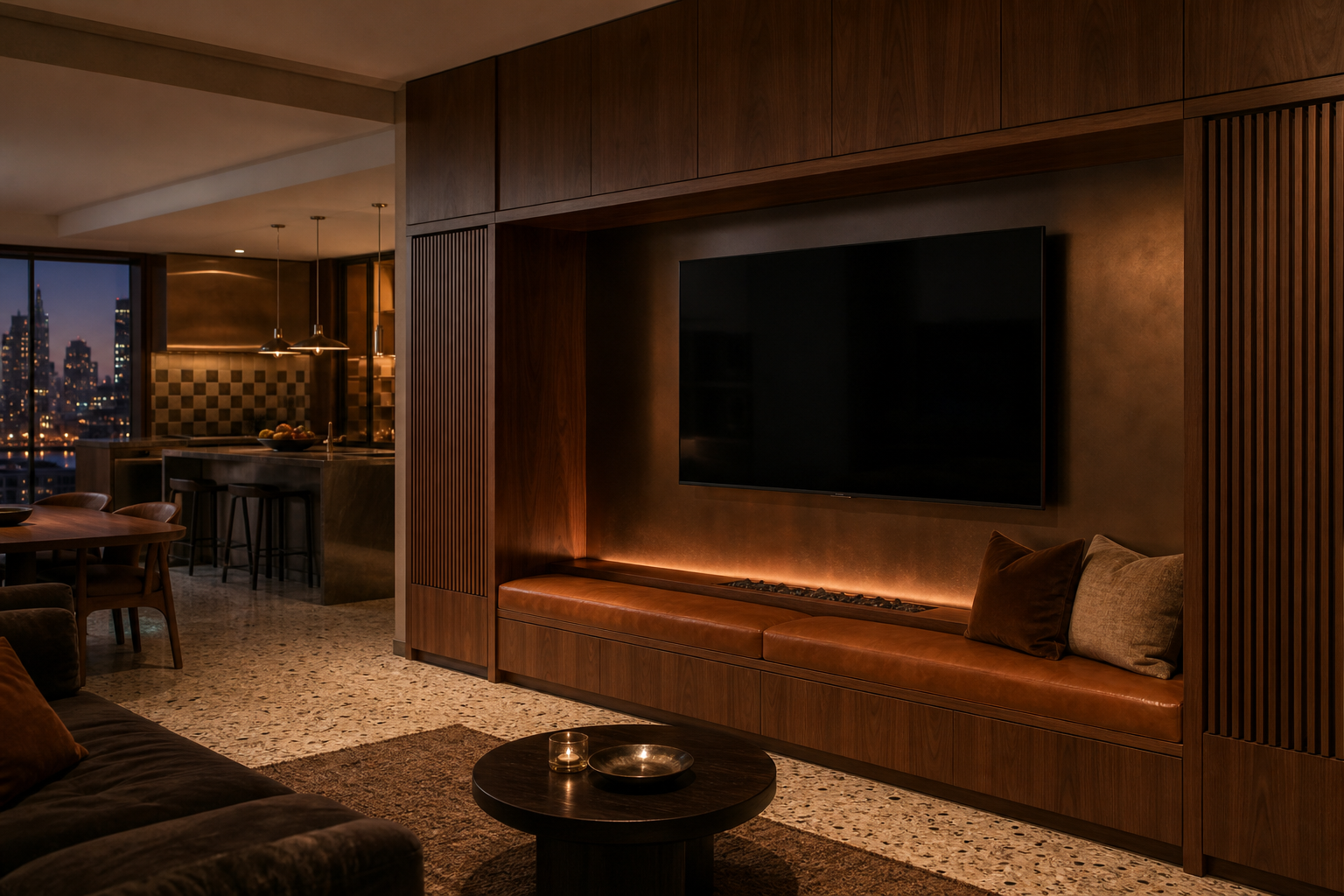 Fadior Galleria Living Room Suite with Copper Hearth Listening Wall — lifestyle setting with natural light and residential