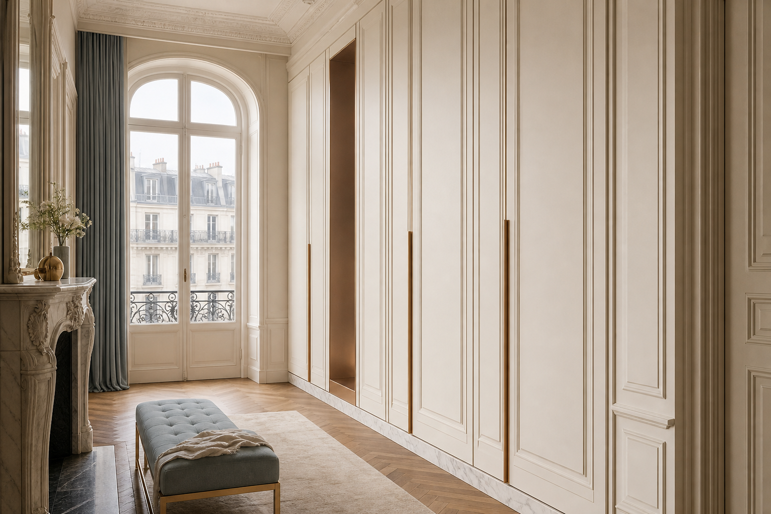 Fadior Elementum Wardrobe Suite with Bronze Pivot Dressing Niche — interior room context showing cabinet integration
