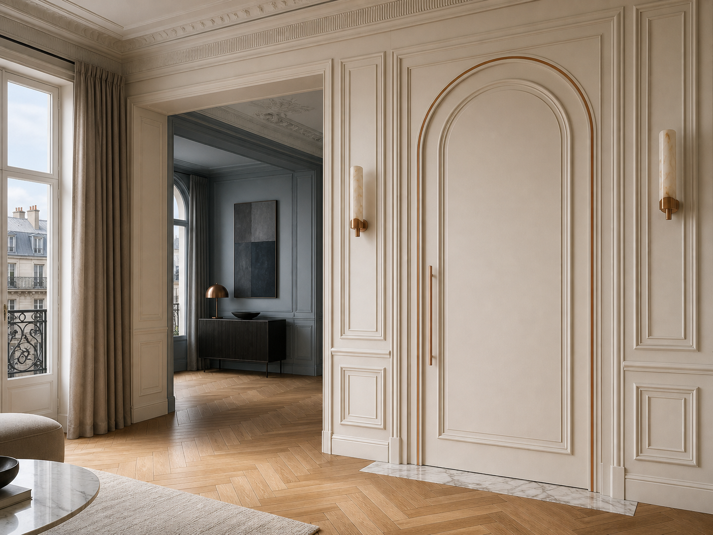 Fadior Silhouette Interior Door Suite with Boiserie Arched Passage Door — interior room context showing cabinet integration