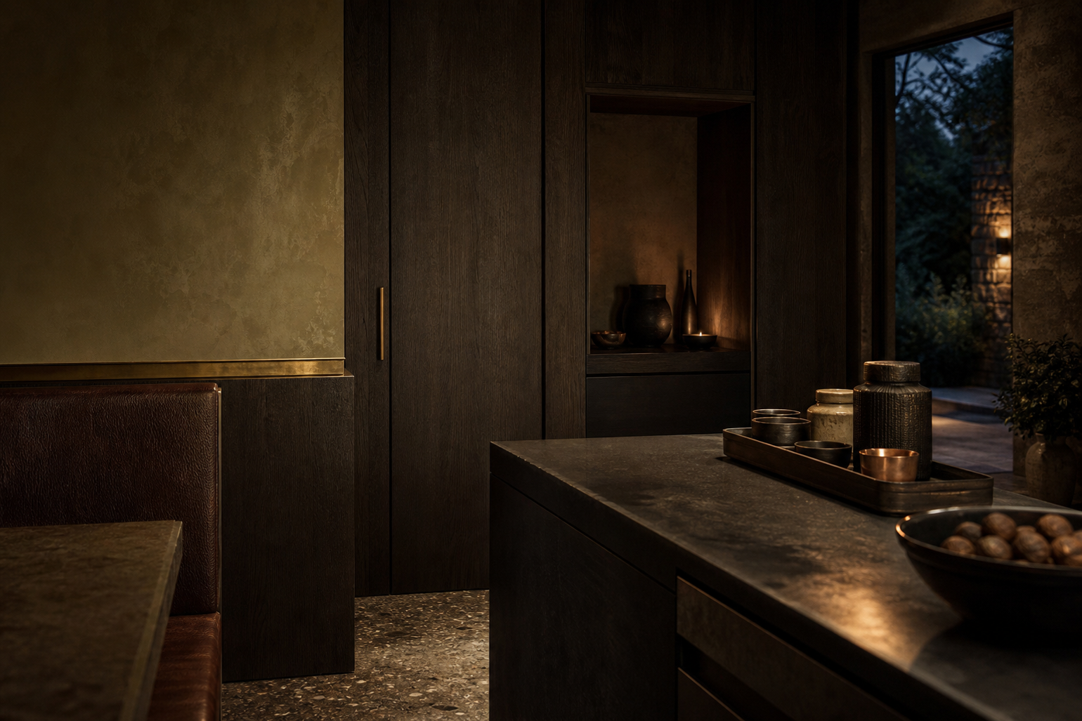 Material study: smoked oak storage, lime plaster, terrazzo floor, and aged brass supporting routine planning.
