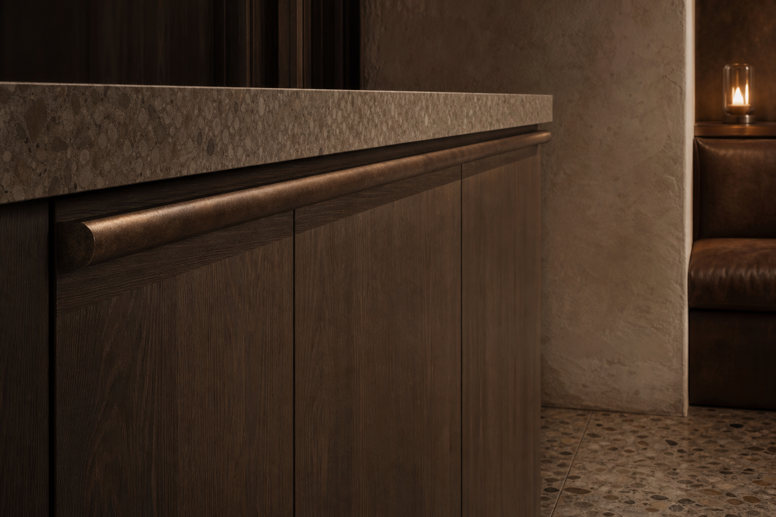 Fadior Silkstone Kitchen Suite with Bronze Pull Counter — close-up of stainless steel finish and hardware detail