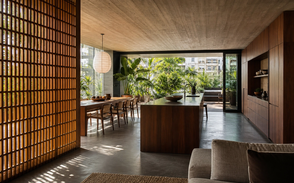 Fadior Milan 120 sqm Kitchen Penthouse — Milan penthouse kitchen with island, cabinet wall, concrete floor, hardwood lattice, dining table, and courtyard plants — 304 stainless steel cabinetry installation by Fadior
