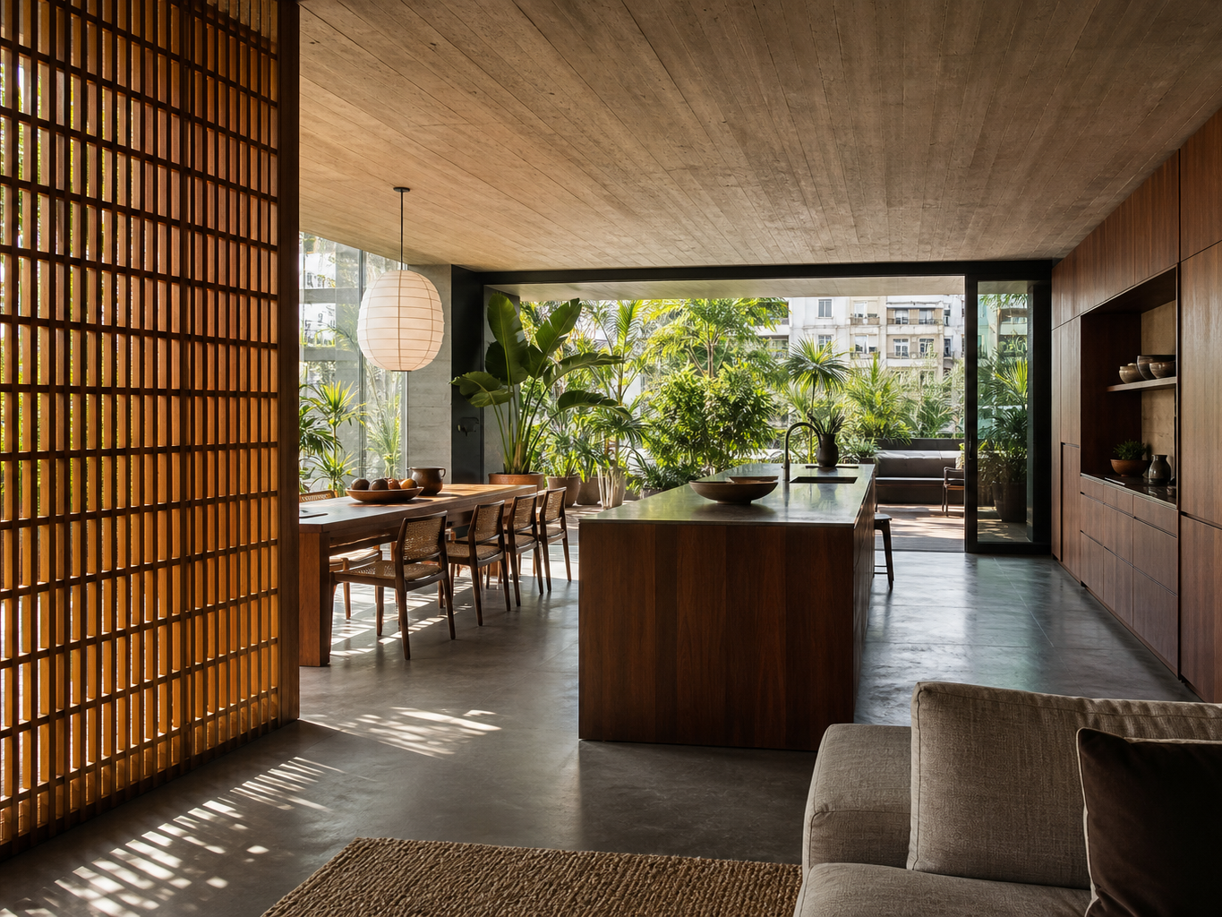 Fadior Milan 120 sqm Kitchen Penthouse — Milan penthouse kitchen with island, cabinet wall, concrete floor, hardwood lattice, dining table, and courtyard plants