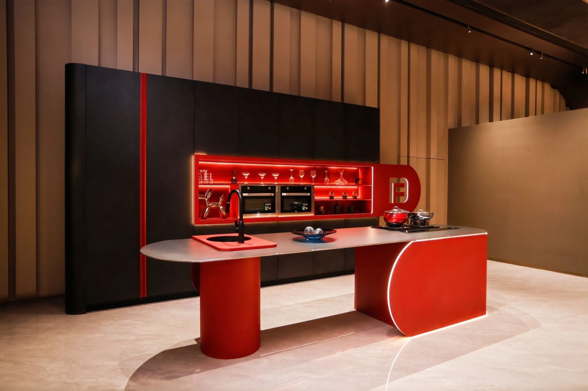 Close framing of integrated cabinetry and countertop junctions.