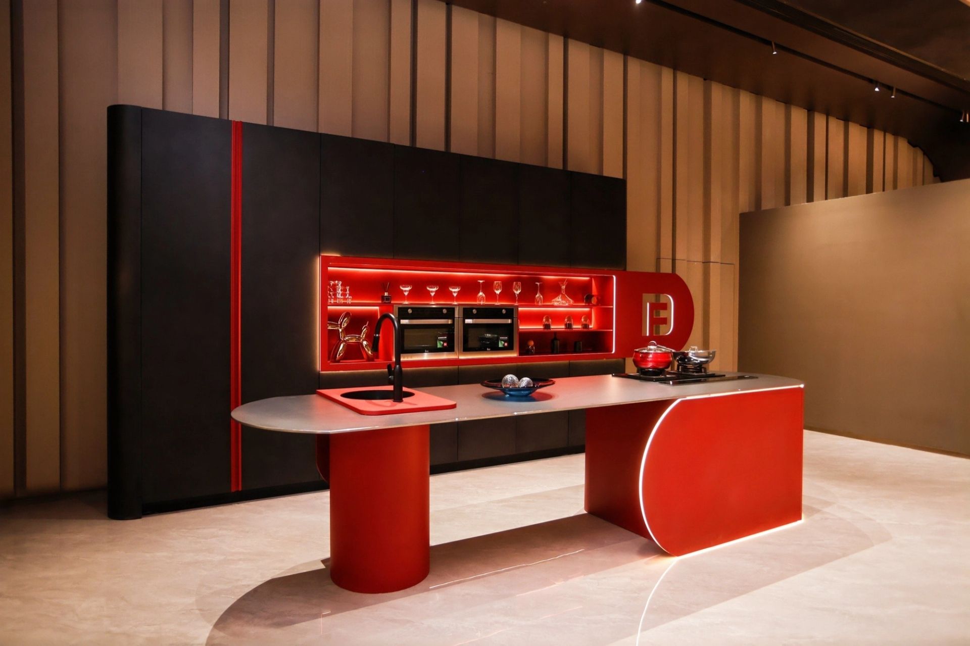 Close framing of integrated cabinetry and countertop junctions.