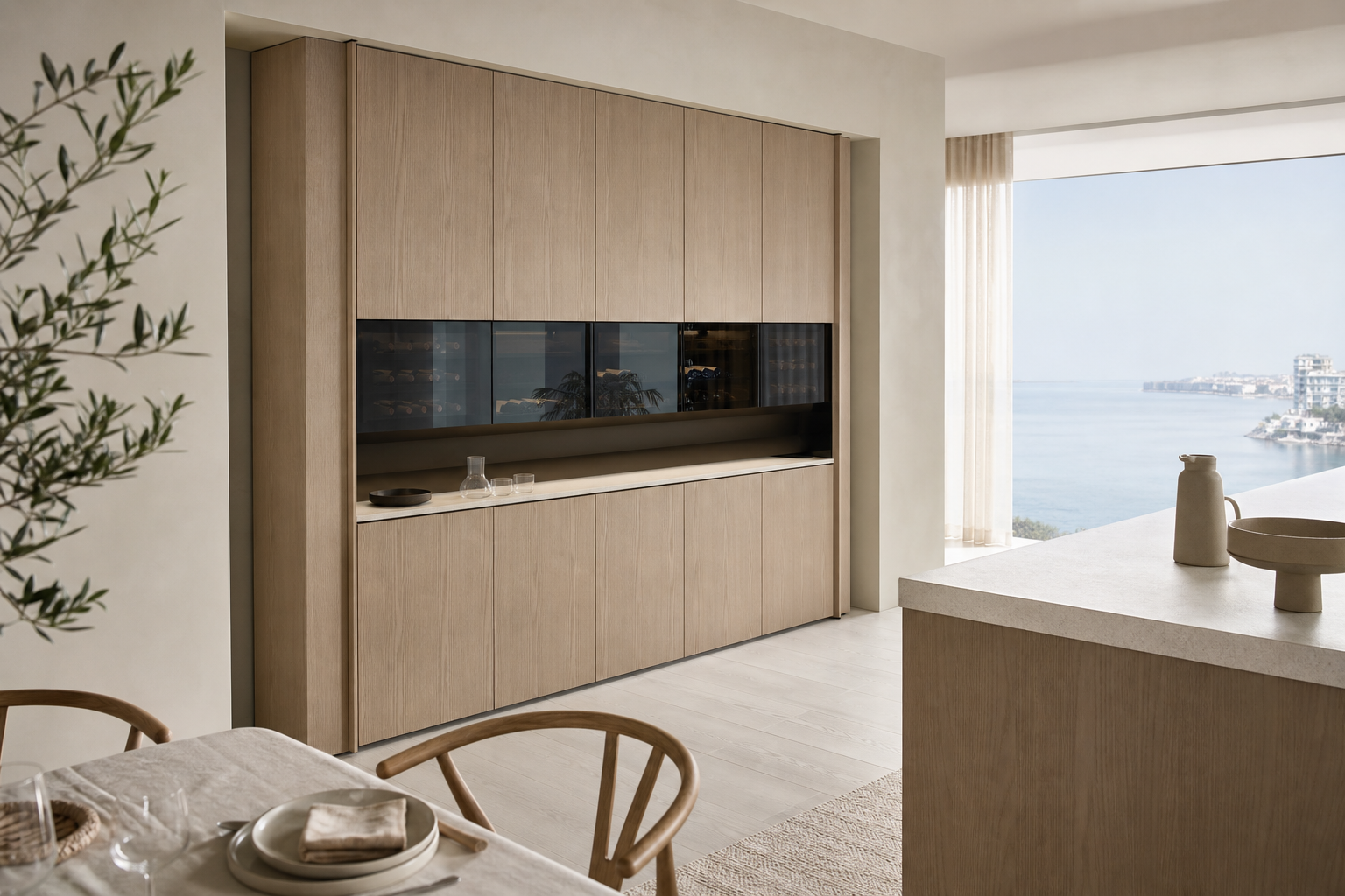 Fadior Grotto Wine Cabinet Suite with Profile Beverage Pairing Wall — lifestyle setting with natural light and residential