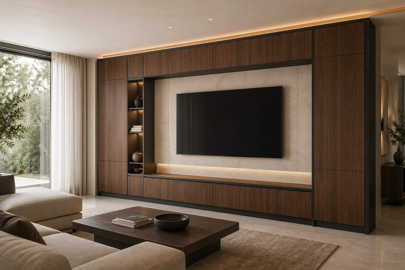 Fadior Galleria Living Room Suite with Walnut Shadow Media Wall — interior room context showing cabinet integration