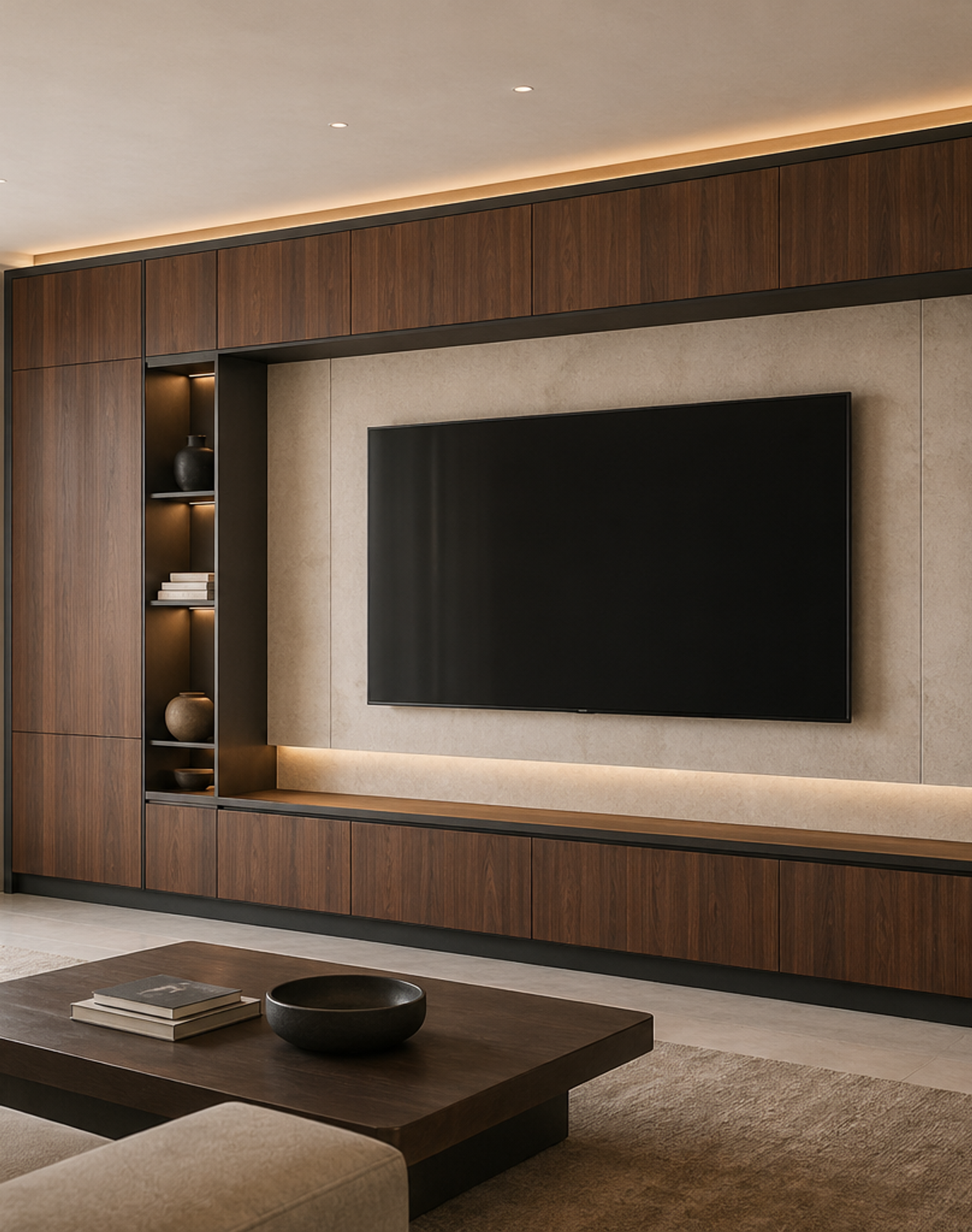 Fadior Galleria Living Room Suite with Walnut Shadow Media Wall — interior room context showing cabinet integration