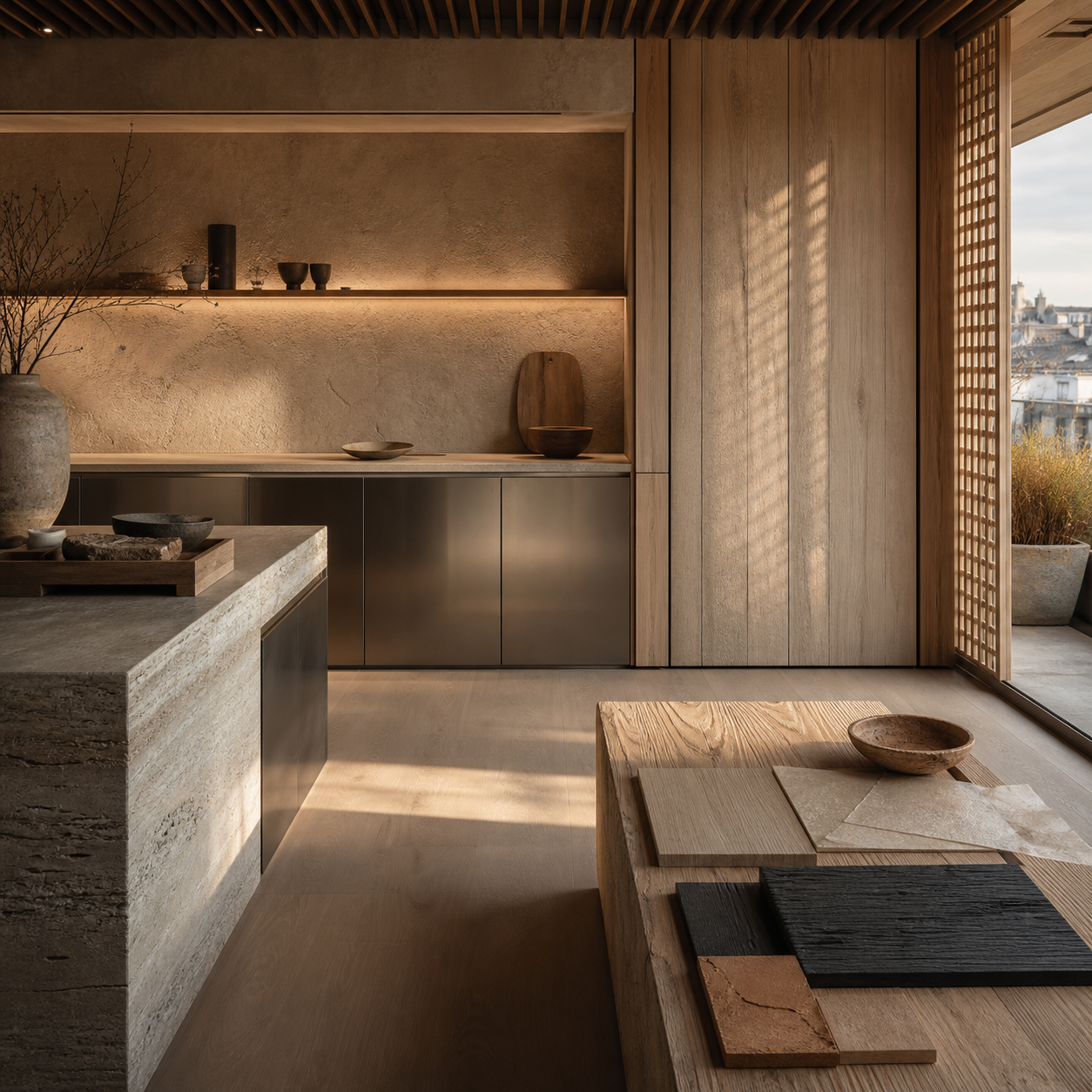 Fadior Budapest 125 sqm Kitchen Penthouse — Travertine counter, clay plaster wall, cypress cabinet, wood tray, tile floor, and window light
