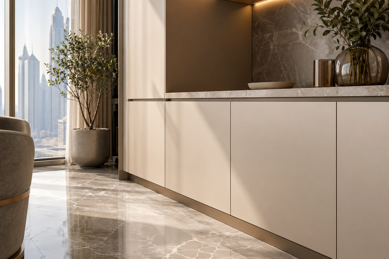 Fadior Dubai Compact Residence — cabinet front, stone counter, marble floor, window light