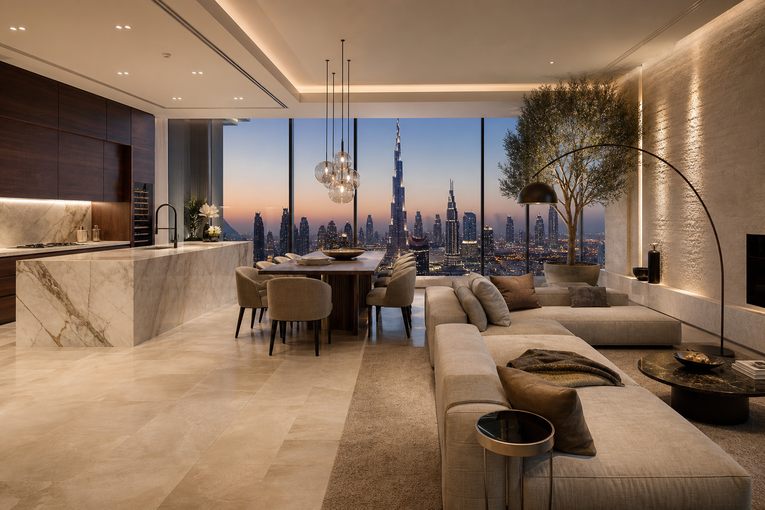 Fadior Dubai 120 sqm Kitchen Bath Penthouse — island, dining table, walnut cabinet, lounge and skyline window