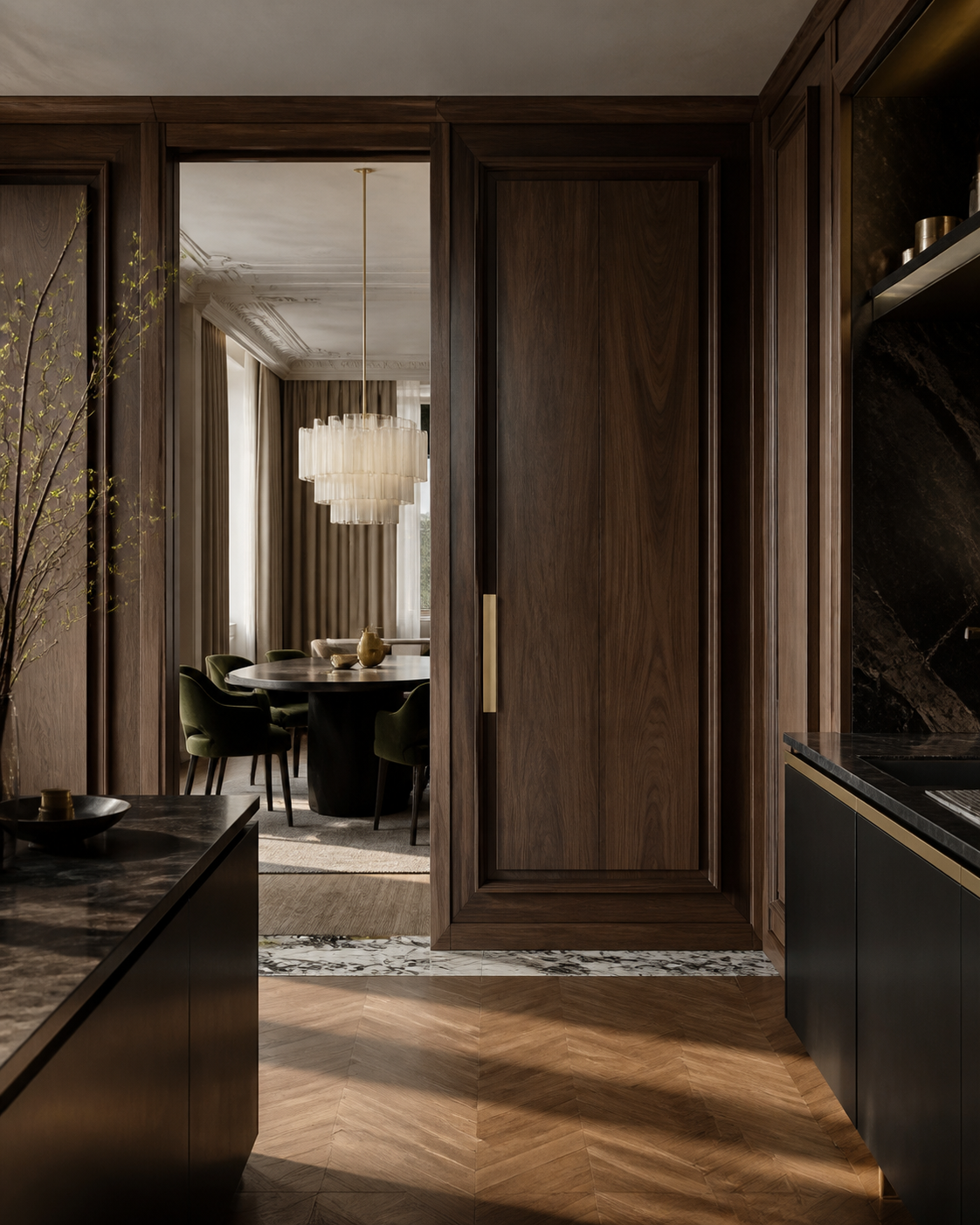 Fadior Silhouette Interior Door with Parchment Axis Pivot — interior room context showing cabinet integration