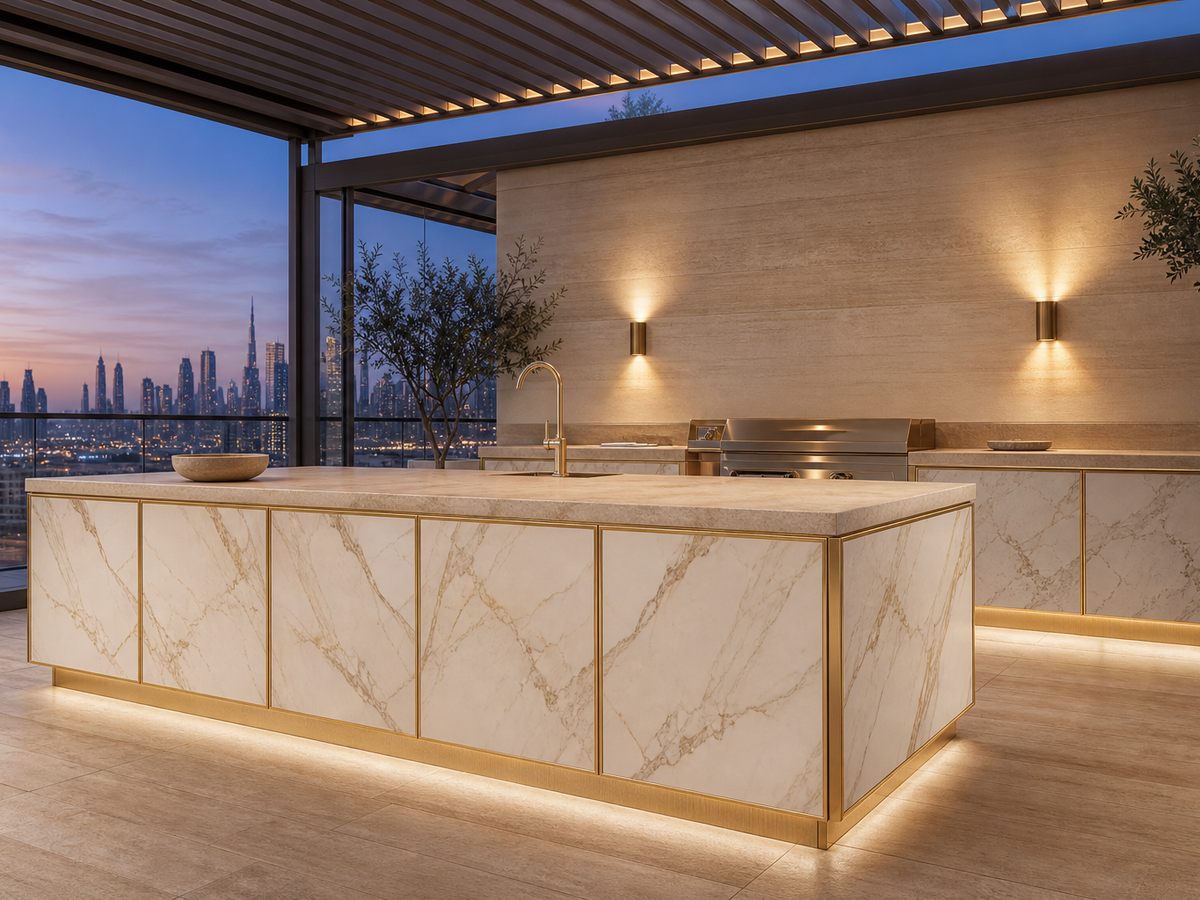 Fadior Vantage Outdoor Kitchen Suite with Pergola Service Hearth — 304 stainless steel outdoor kitchen system, front view
