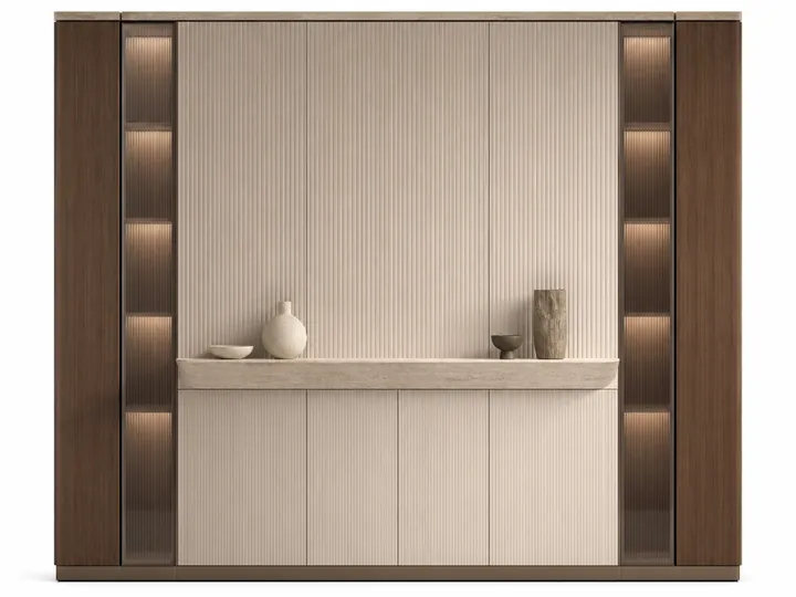 Fadior Veneto Living Room Suite with Reeded Library Projection Wall — 304 stainless steel living room system, front view