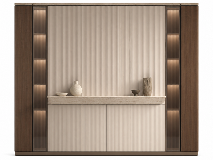 Fadior Veneto Living Room Suite with Reeded Library Projection Wall — 304 stainless steel living room system, front view