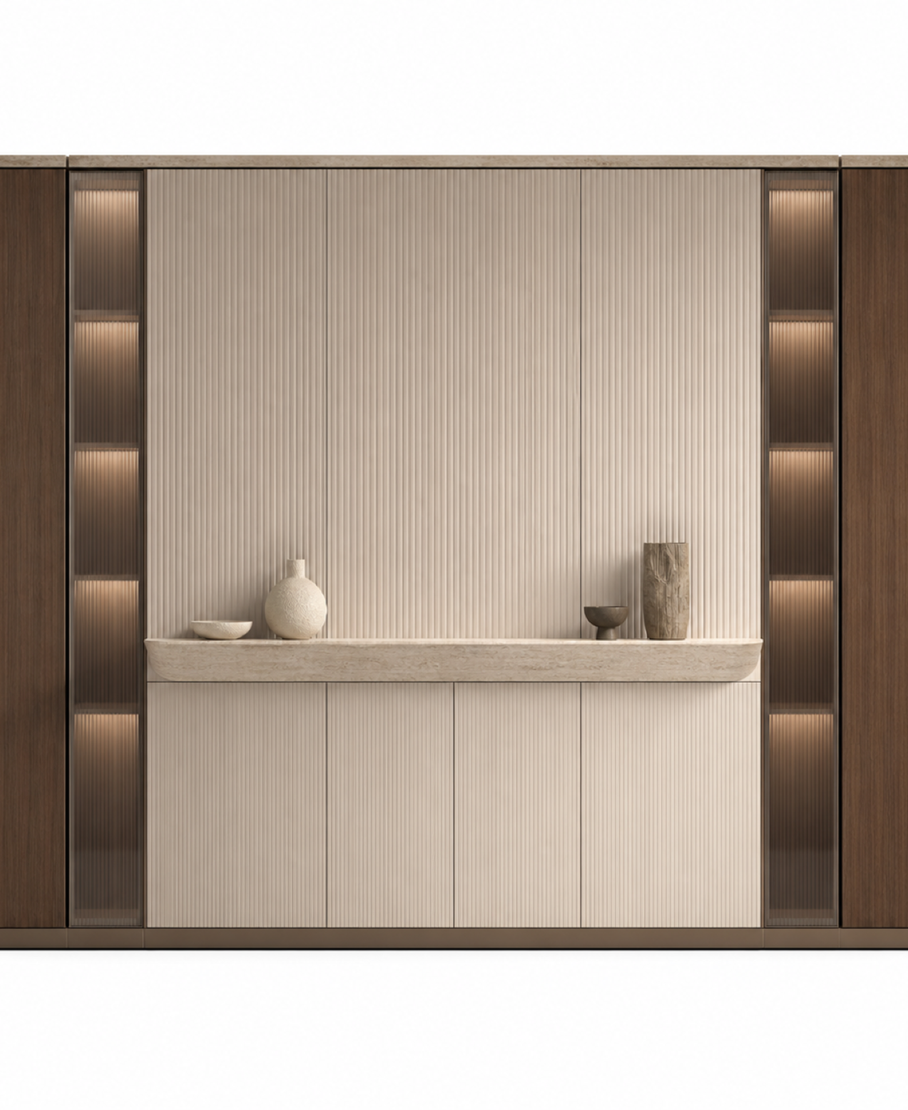 Fadior Veneto Living Room Suite with Reeded Library Projection Wall — 304 stainless steel living room system, front view