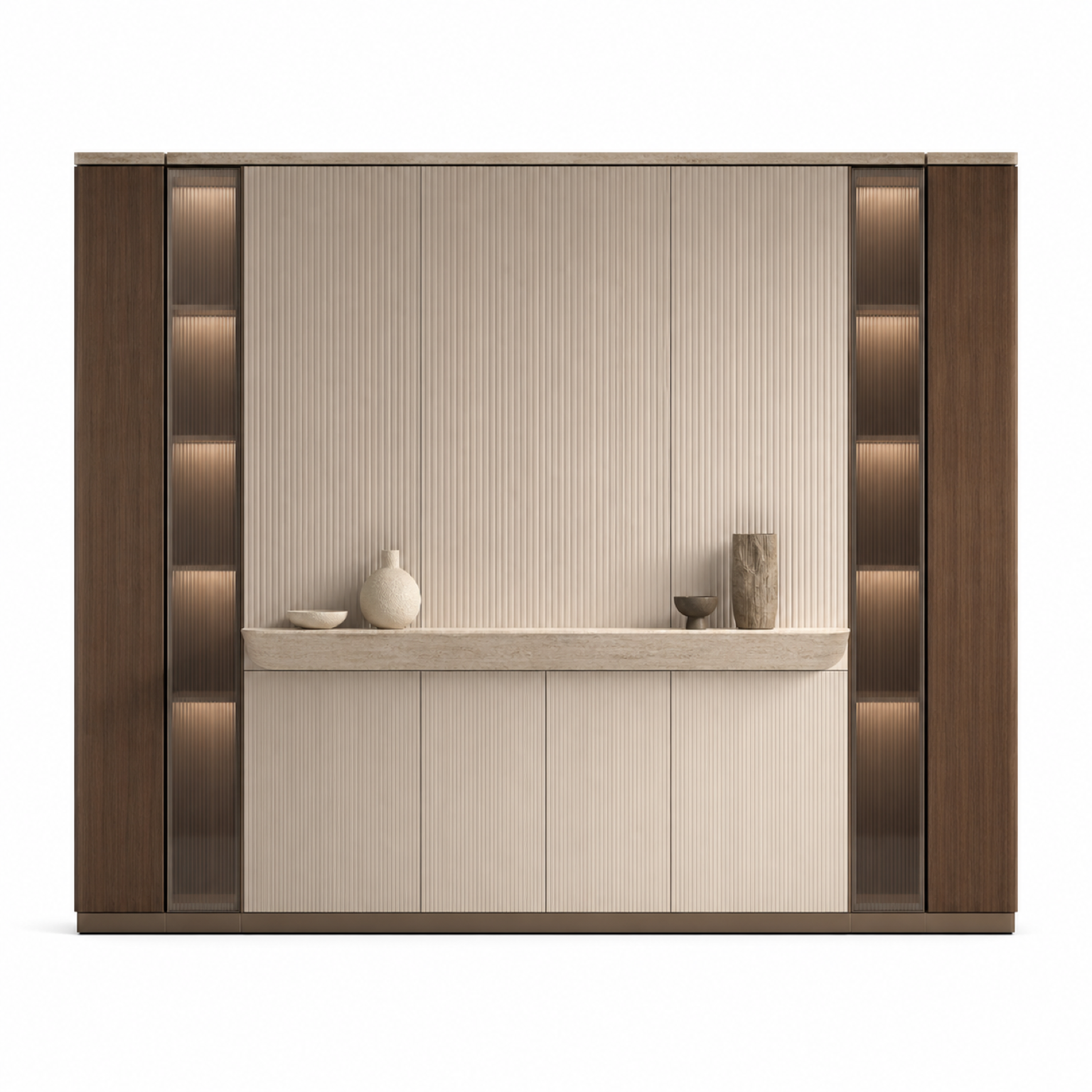 Fadior Veneto Living Room Suite with Reeded Library Projection Wall — 304 stainless steel living room system, front view