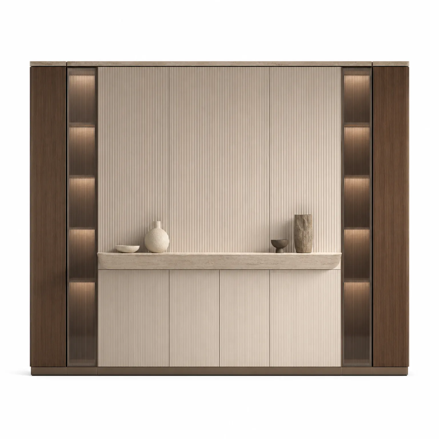Fadior Veneto Living Room Suite with Reeded Library Projection Wall — 304 stainless steel living room system, front view