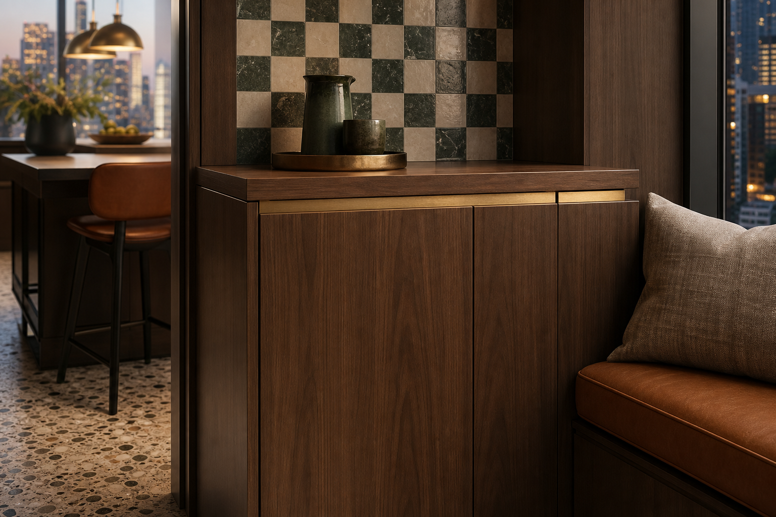 Fadior Solace Kitchen Suite with Window Seat Coffee Bar — close-up of stainless steel finish and hardware detail