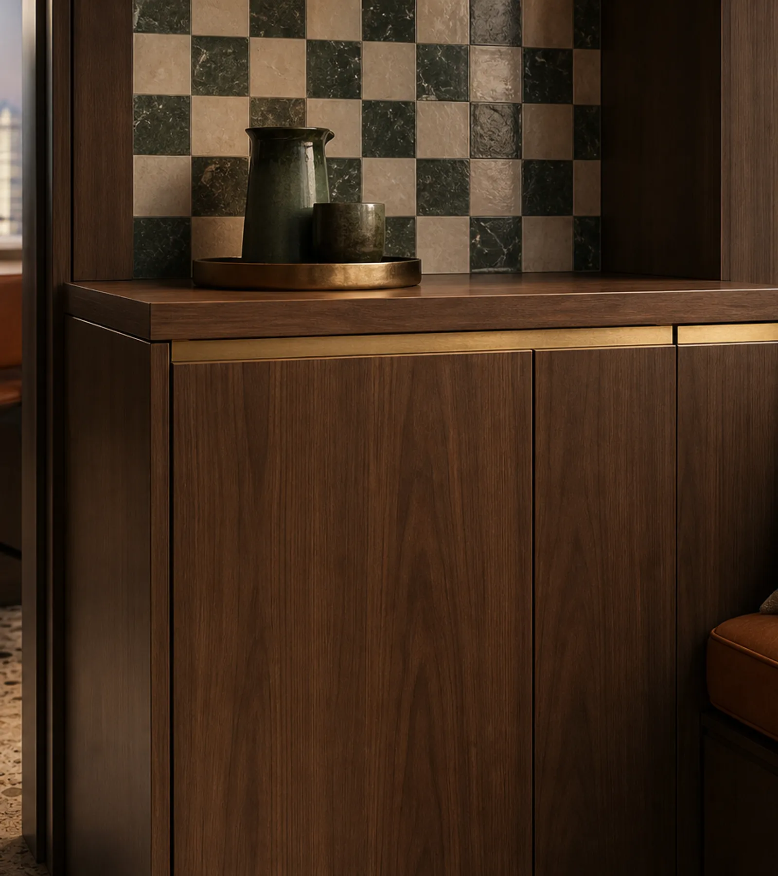 Fadior Solace Kitchen Suite with Window Seat Coffee Bar — close-up of stainless steel finish and hardware detail