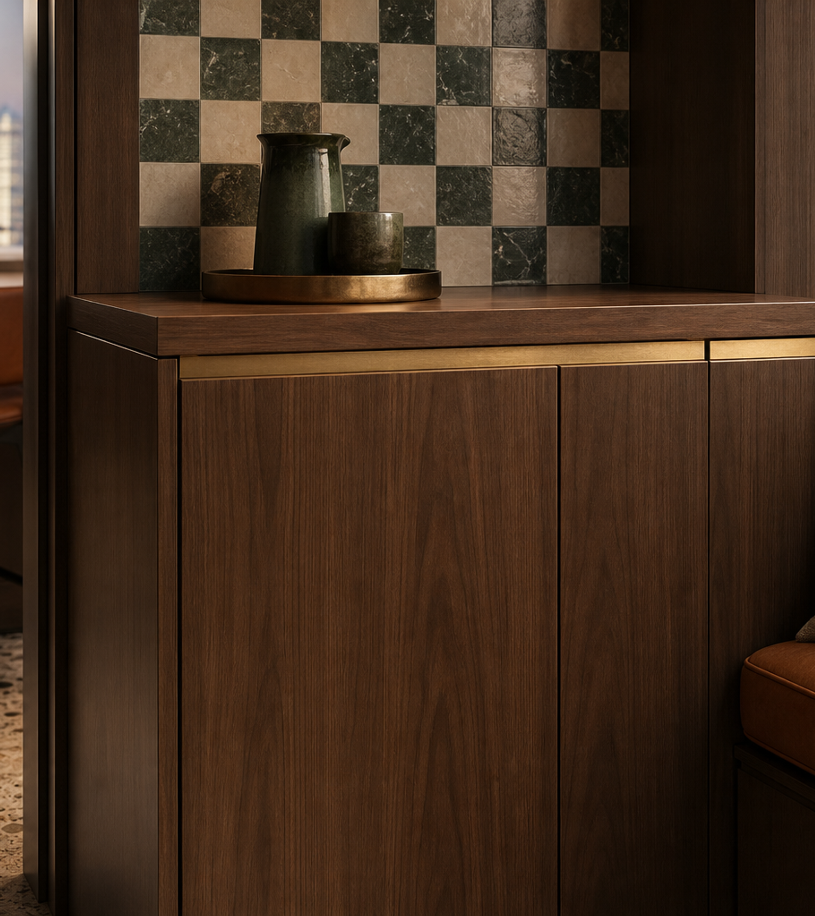 Fadior Solace Kitchen Suite with Window Seat Coffee Bar — close-up of stainless steel finish and hardware detail