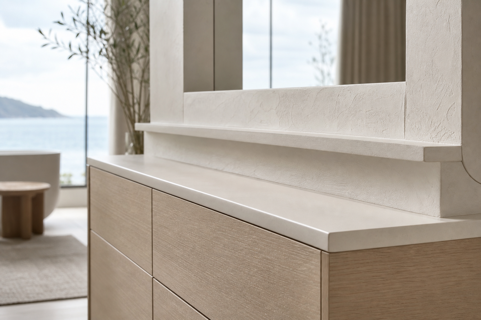 Fadior Ethereal Bath and Vanity Suite with Cooling Plaster Wash Shelf — close-up of stainless steel finish and hardware