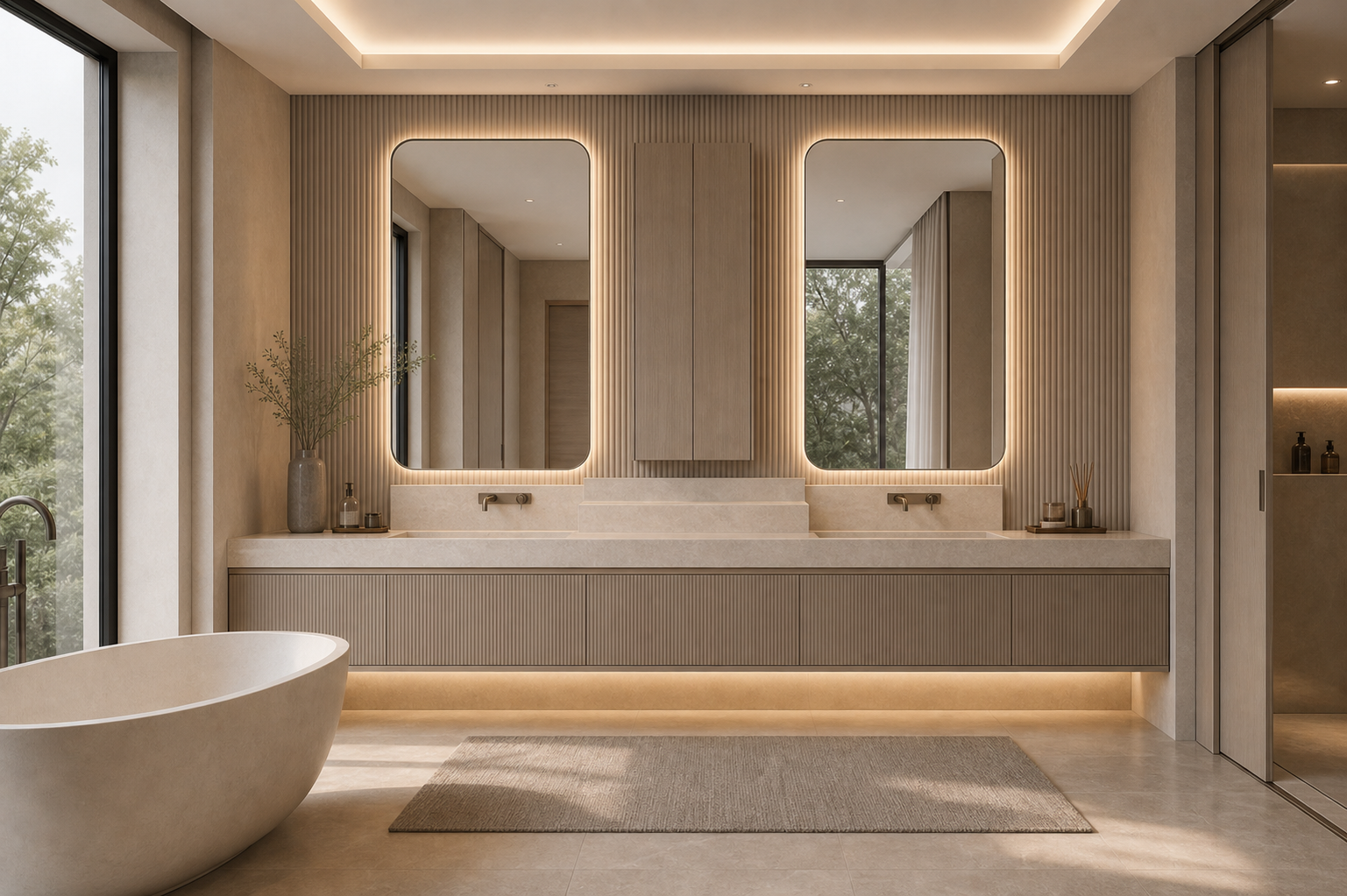 Fadior Verve Bath and Vanity Suite with Sculpted Faucet Ledge — interior room context showing cabinet integration
