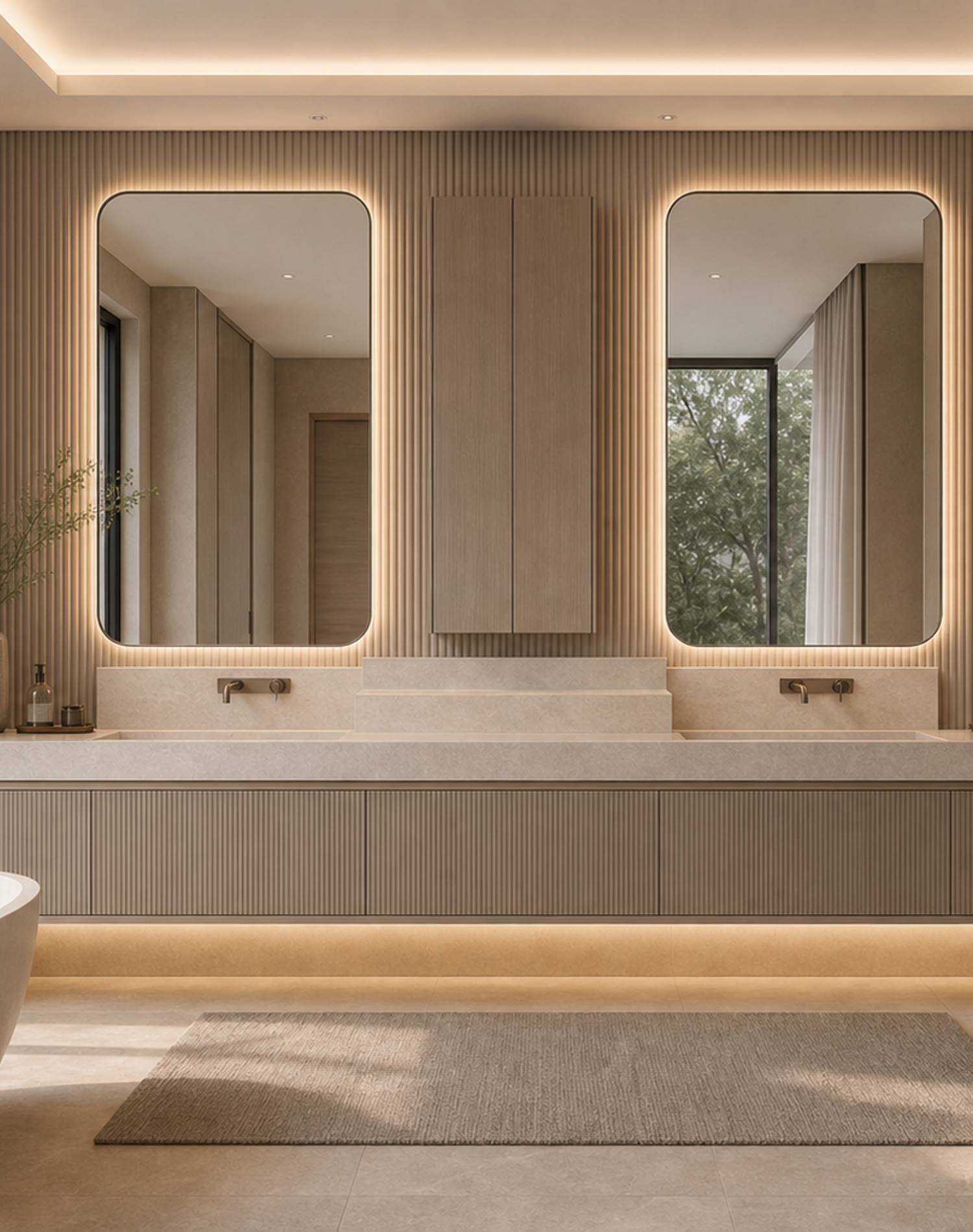 Fadior Verve Bath and Vanity Suite with Sculpted Faucet Ledge — interior room context showing cabinet integration